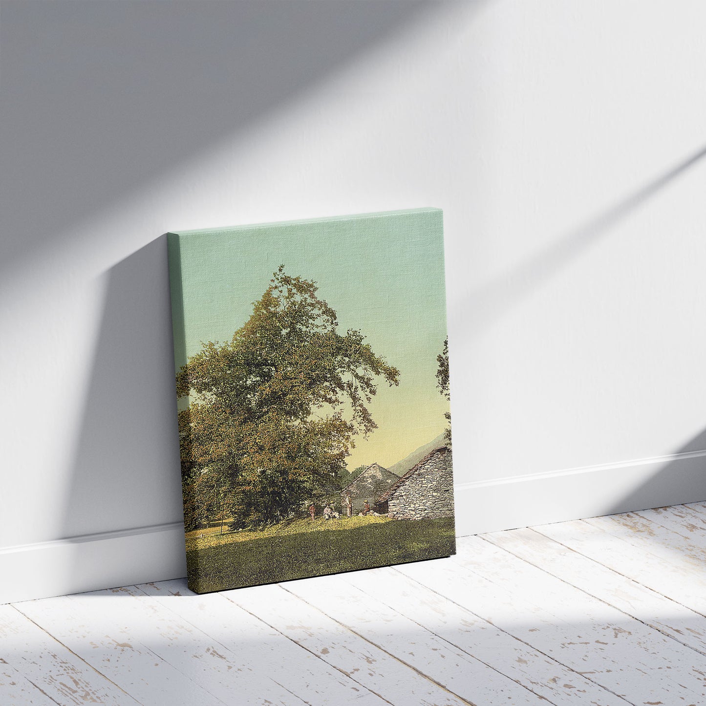 A picture of Giornico, peasant's hut, St. Gotthard Railway, Switzerland, a mockup of the print leaning against a wall