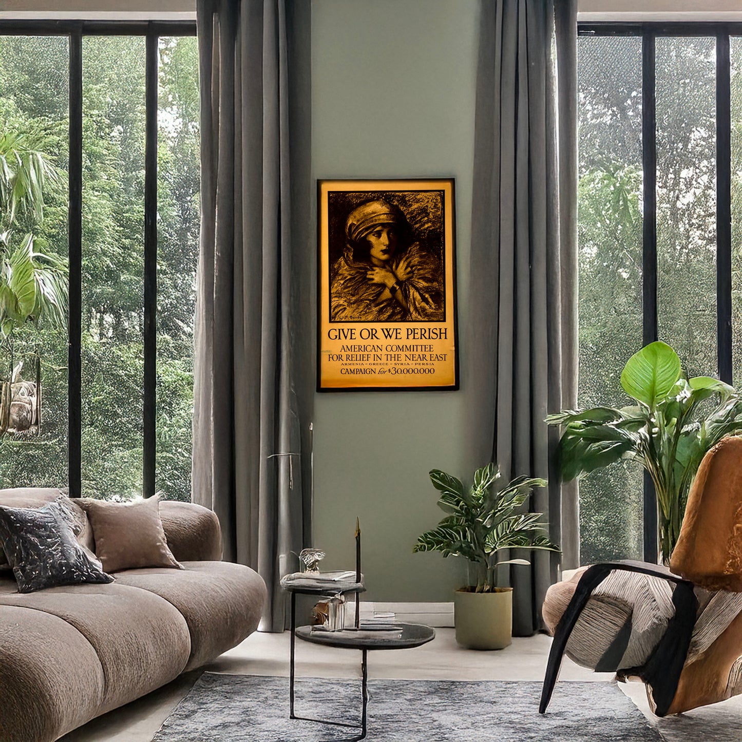 A picture of Give or we perish American Committee for Relief in the Near East--Armenia-Greece-Syria-Persia--Campaign for $30,000,000 /, a mockup of the print leaning against a wall