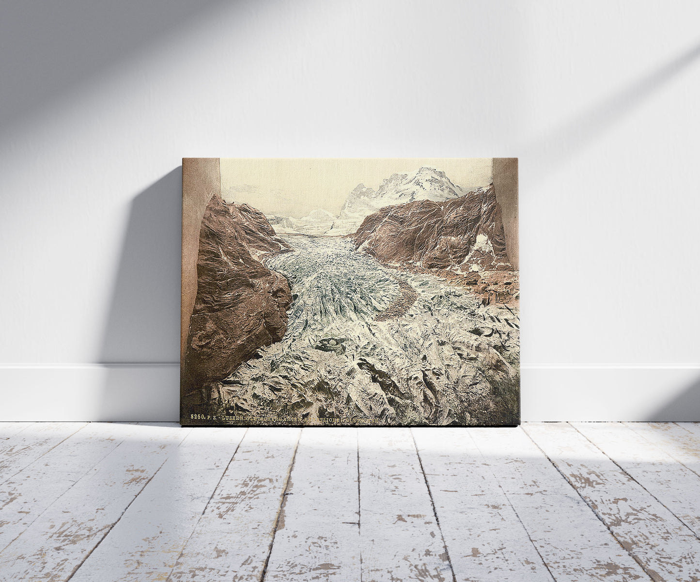 A picture of Glacier Garden, part of the artificial glaciers, Lucerne, Switzerland, a mockup of the print leaning against a wall