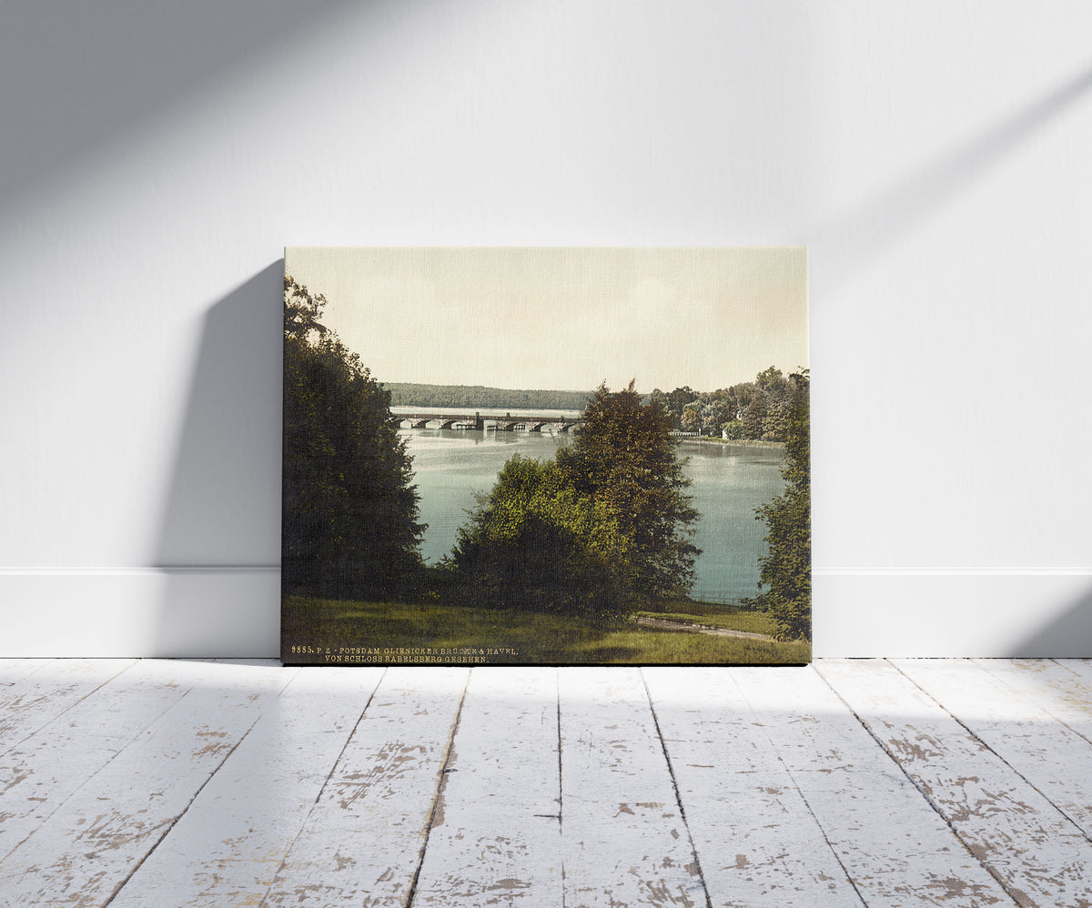 A picture of Gleinicker Bridge from Babelsberg, Potsdam, Berlin, Germany, a mockup of the print leaning against a wall