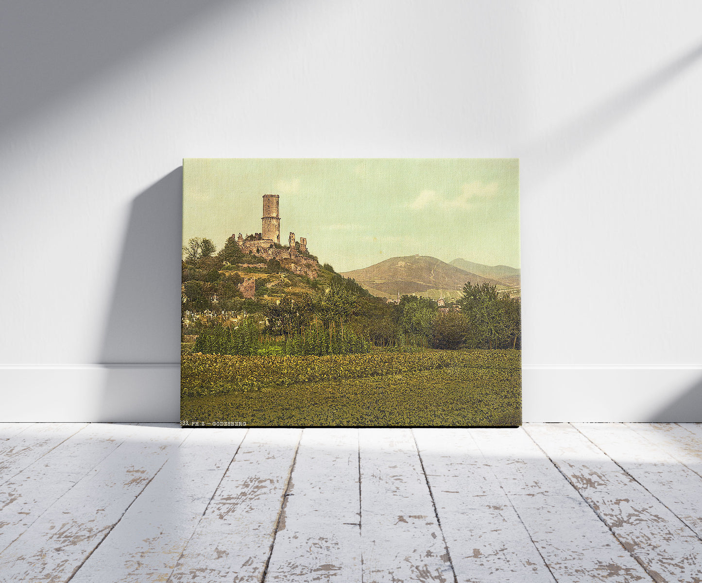 A picture of Godesberg ruins, Bad Godesberg, the Rhine, Germany, a mockup of the print leaning against a wall
