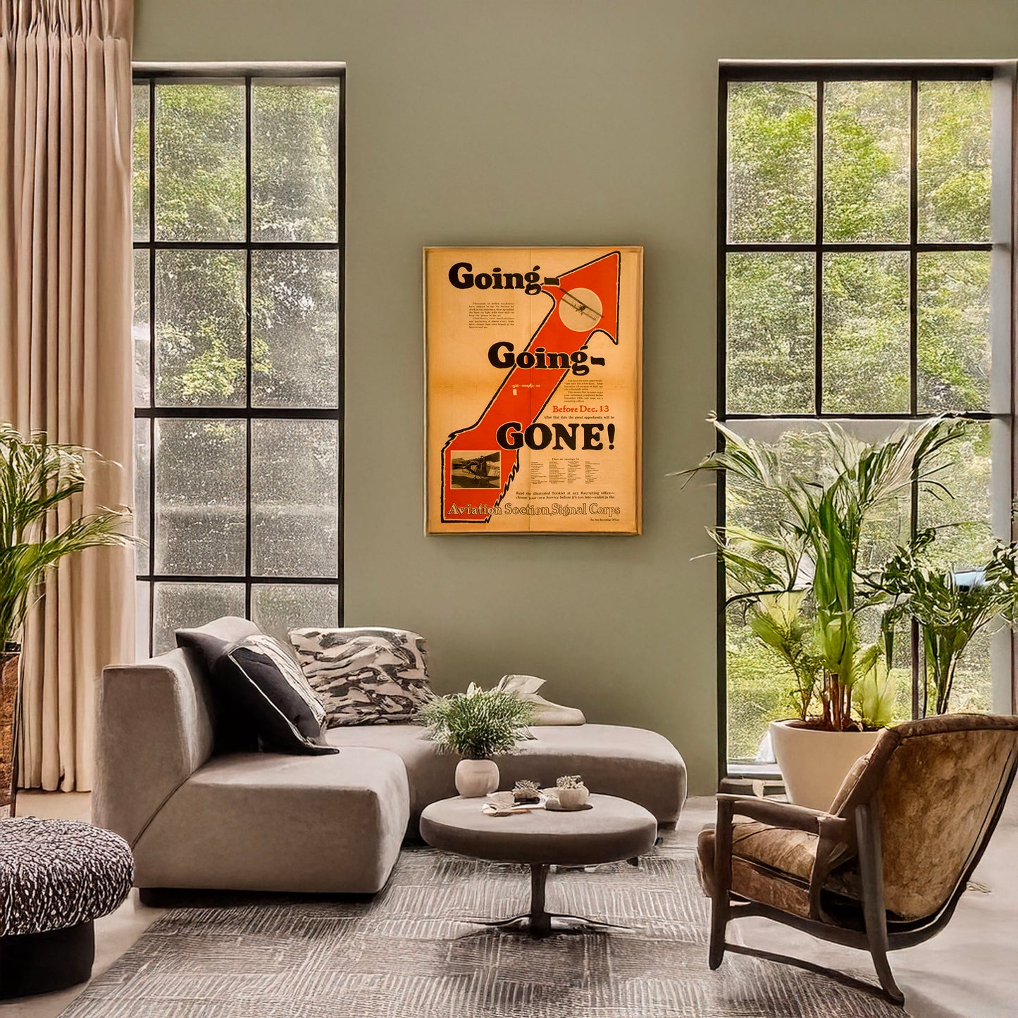 A picture of Going--going--gone!, a mockup of the print leaning against a wall