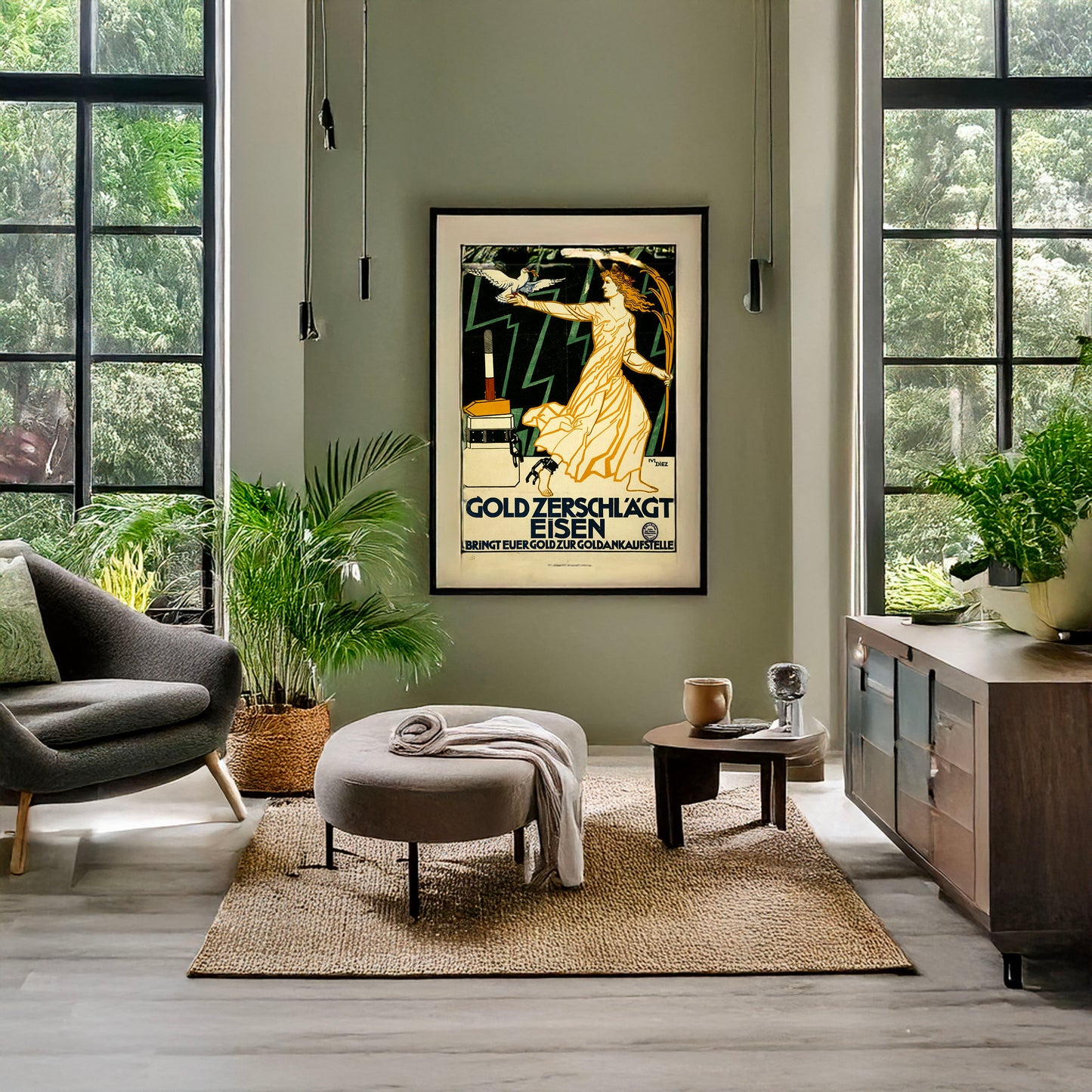 A picture of Gold zerschlächt Eisen. Bringt eurer Gold zur Goldankaufstelle, a mockup of the print leaning against a wall