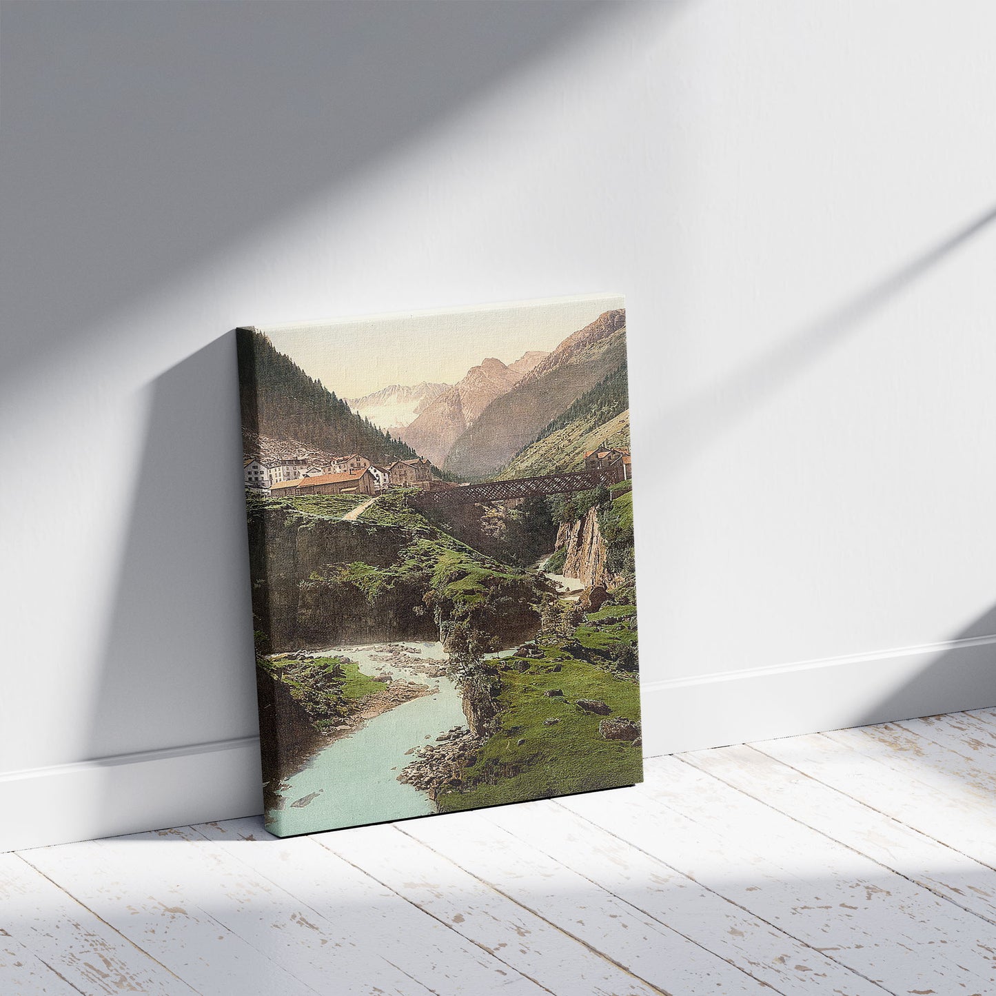 A picture of Goschenen and the Damma Glacier, St. Gotthard Railway, Switzerland, a mockup of the print leaning against a wall