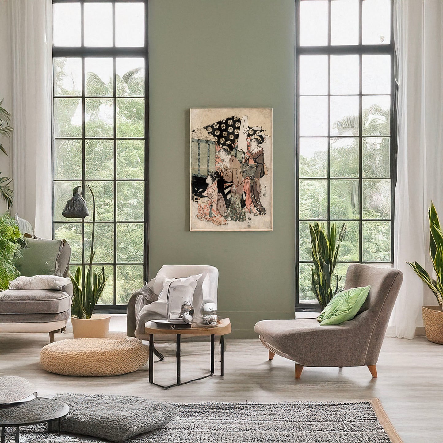 A picture of Goshoguruma, a mockup of the print leaning against a wall
