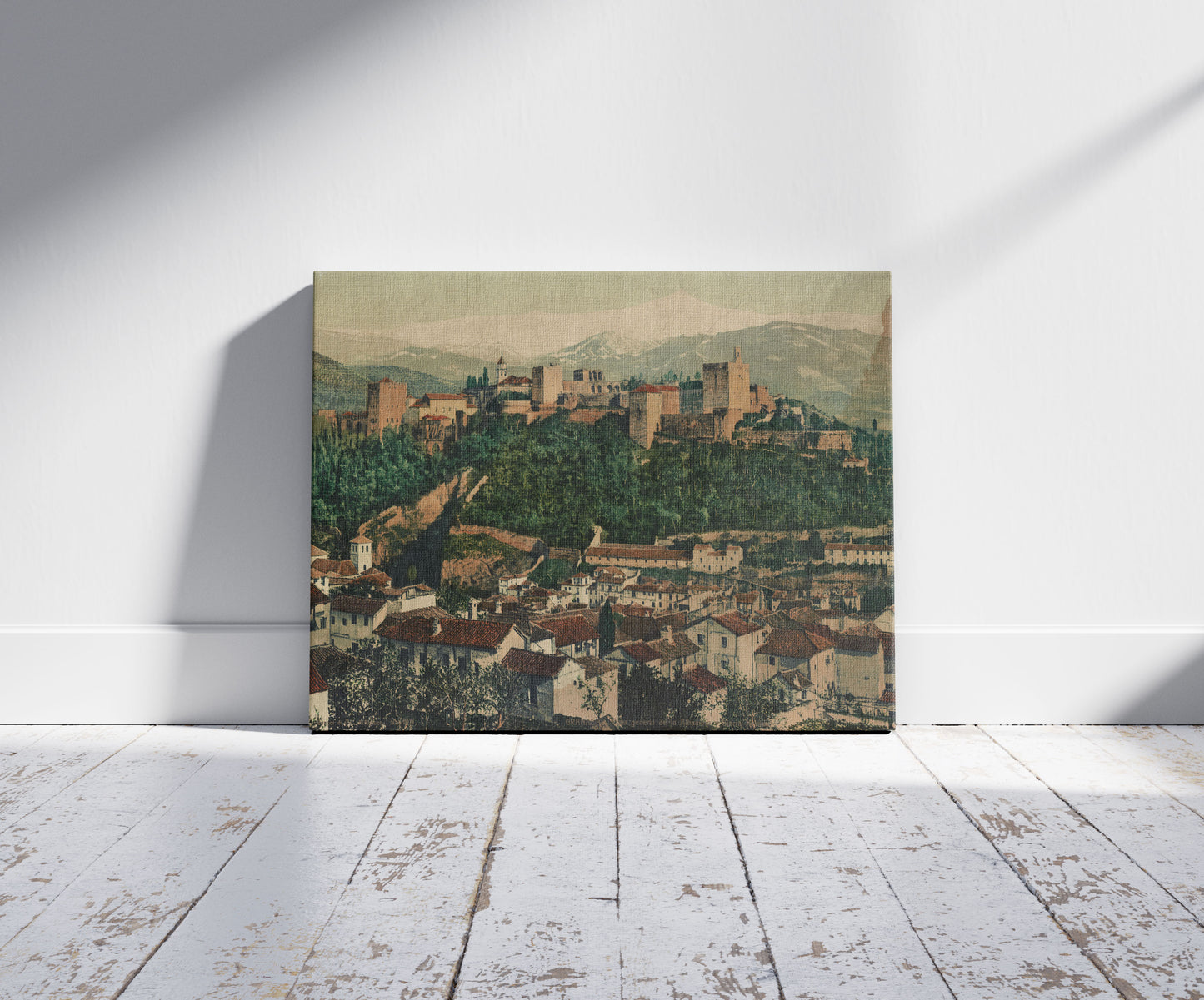 A picture of Granada. Vista generale de la Alhambra y Sierra Nevada, a mockup of the print leaning against a wall