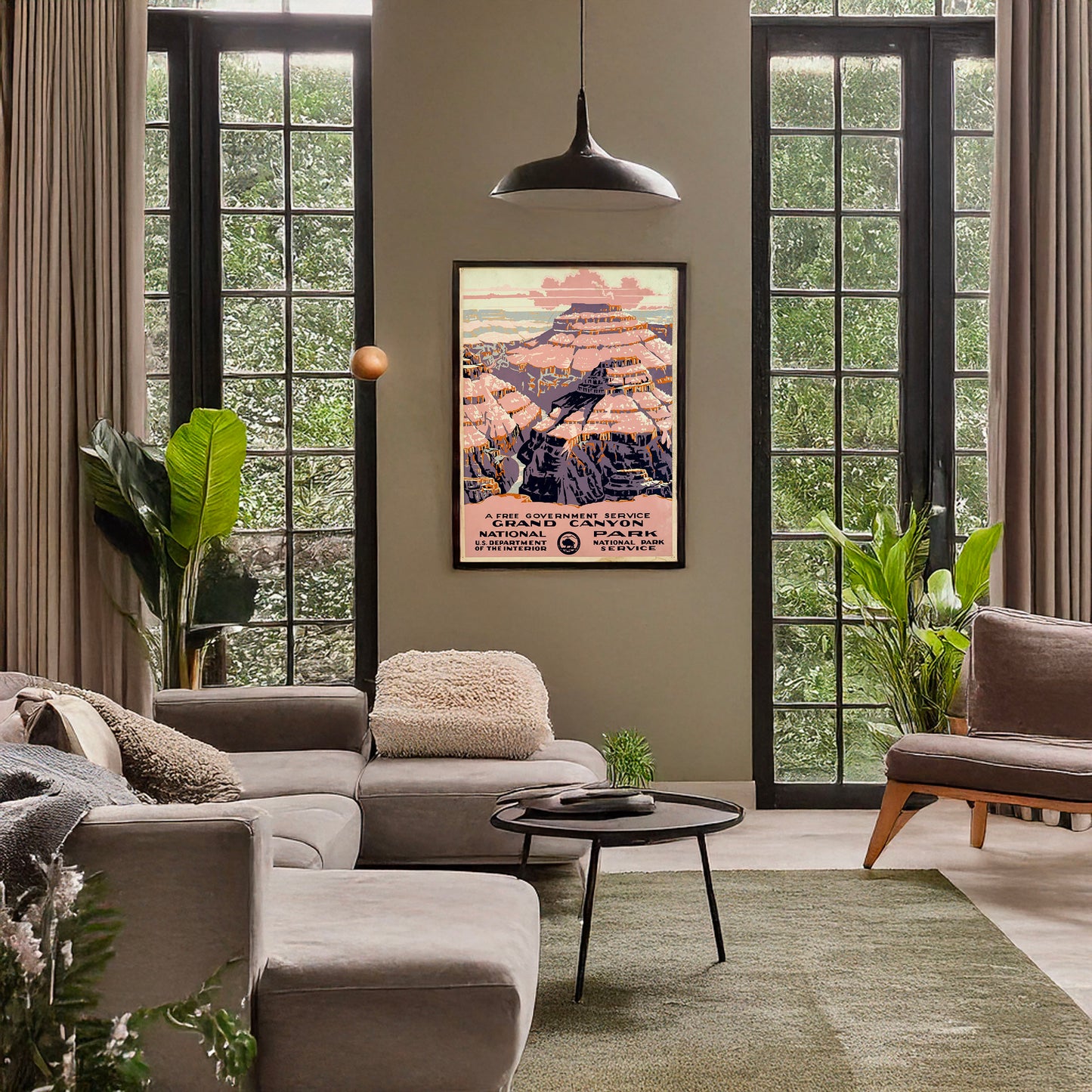 A picture of Grand Canyon National Park, a free government service, a mockup of the print leaning against a wall