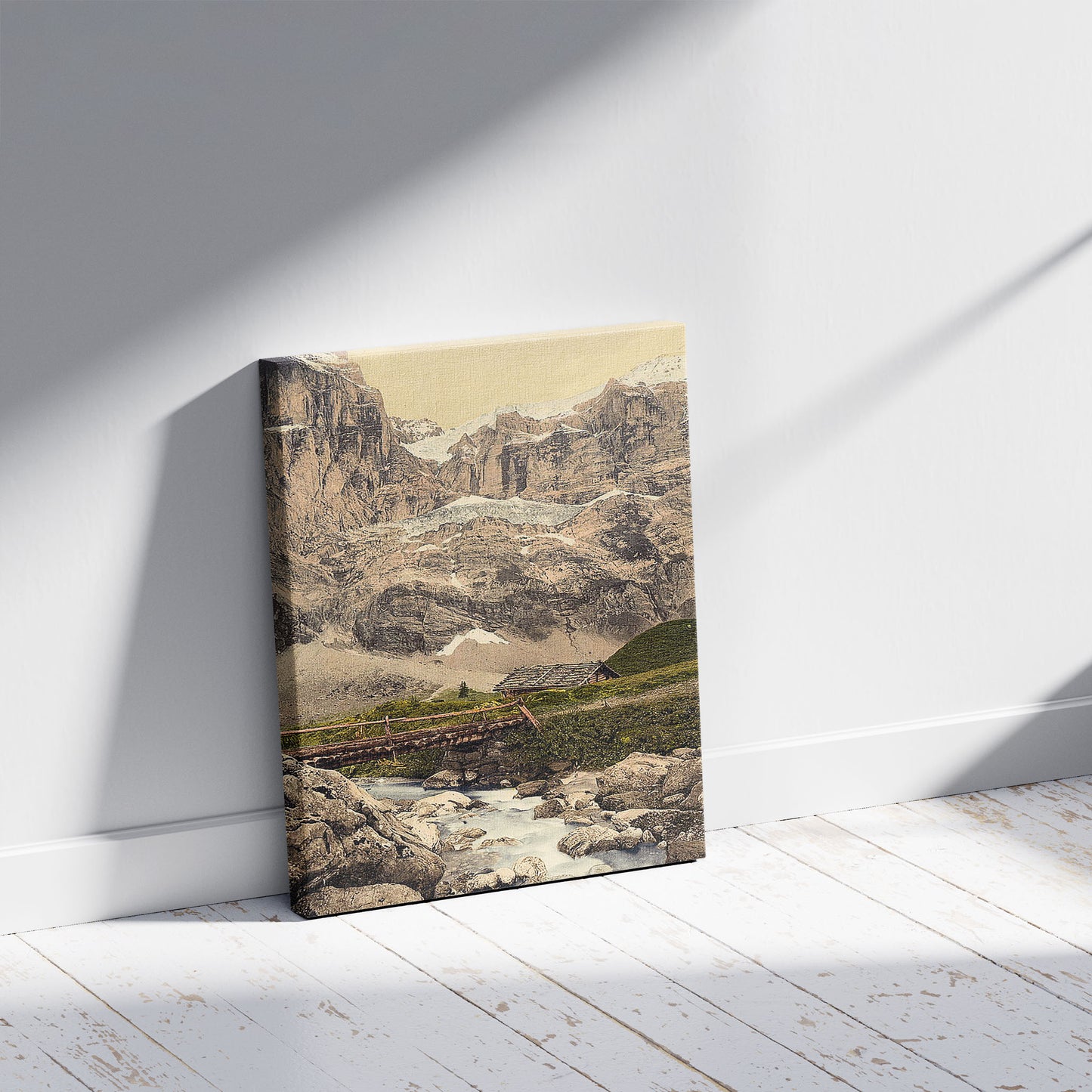 A picture of Great Scheidegg and glacier, Bernese Oberland, Switzerland, a mockup of the print leaning against a wall