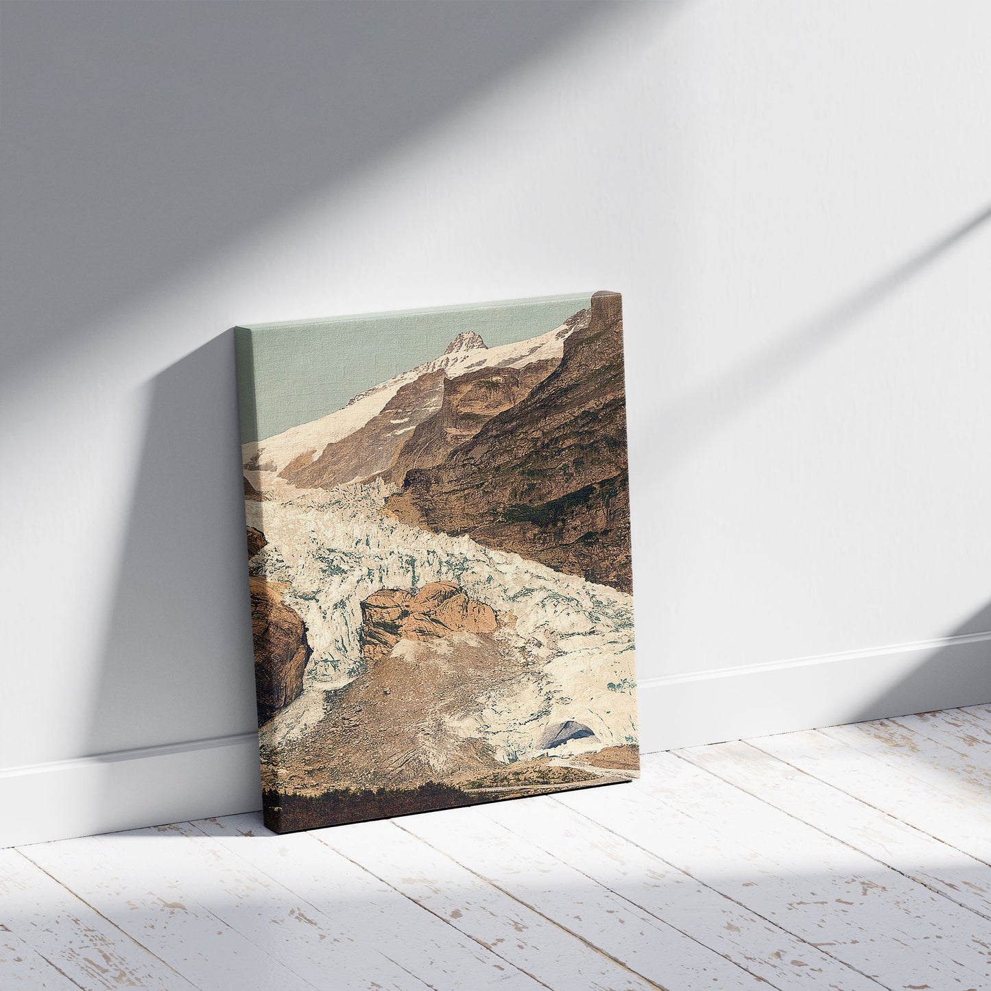 A picture of Grindelwald, Glacier, source of Lutschine, Bernes Oberland, Switzerland, a mockup of the print leaning against a wall