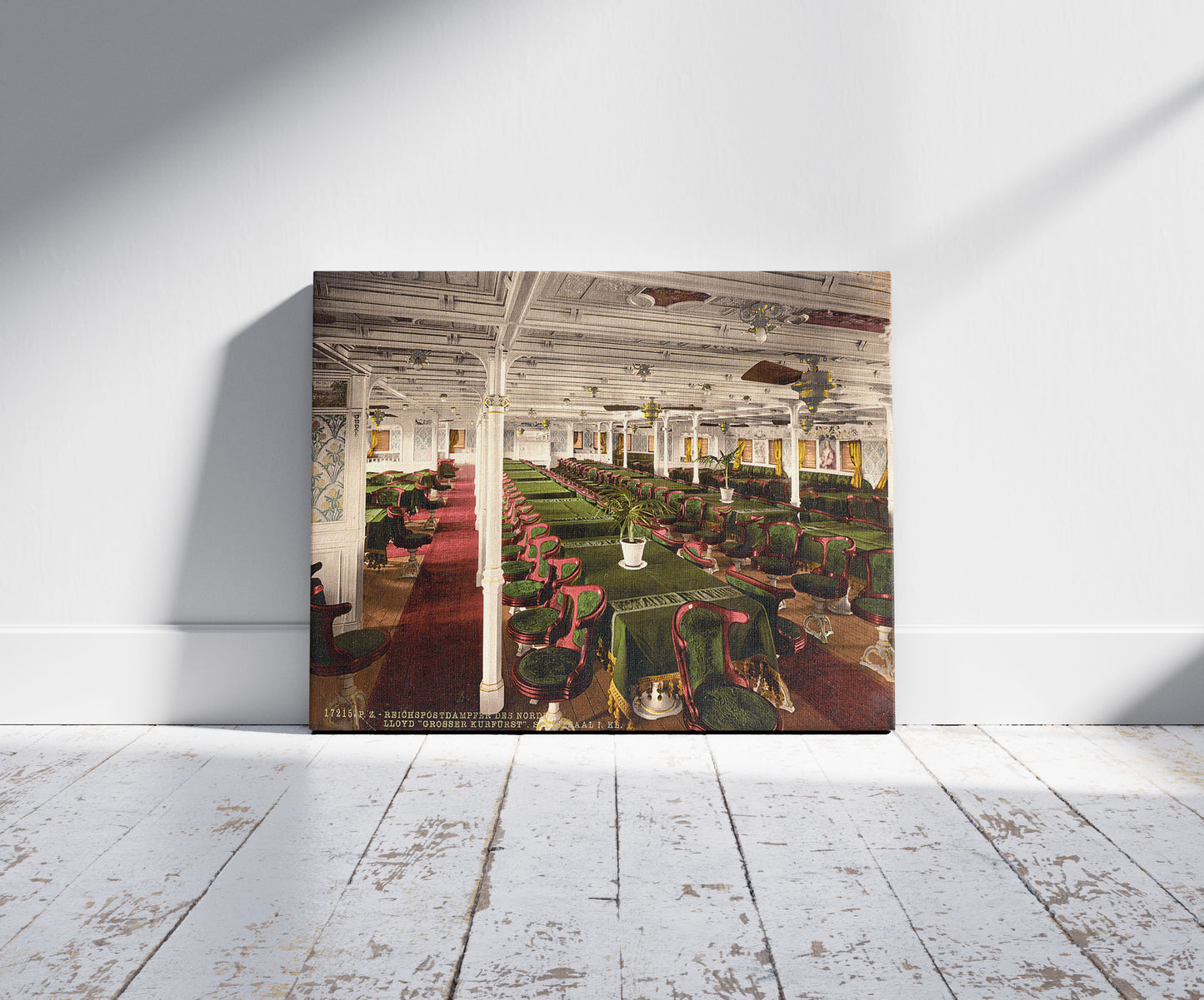 A picture of "Grosser Kurfurst," dining room, first class, North German Lloyd, Royal Mail Steamers, a mockup of the print leaning against a wall