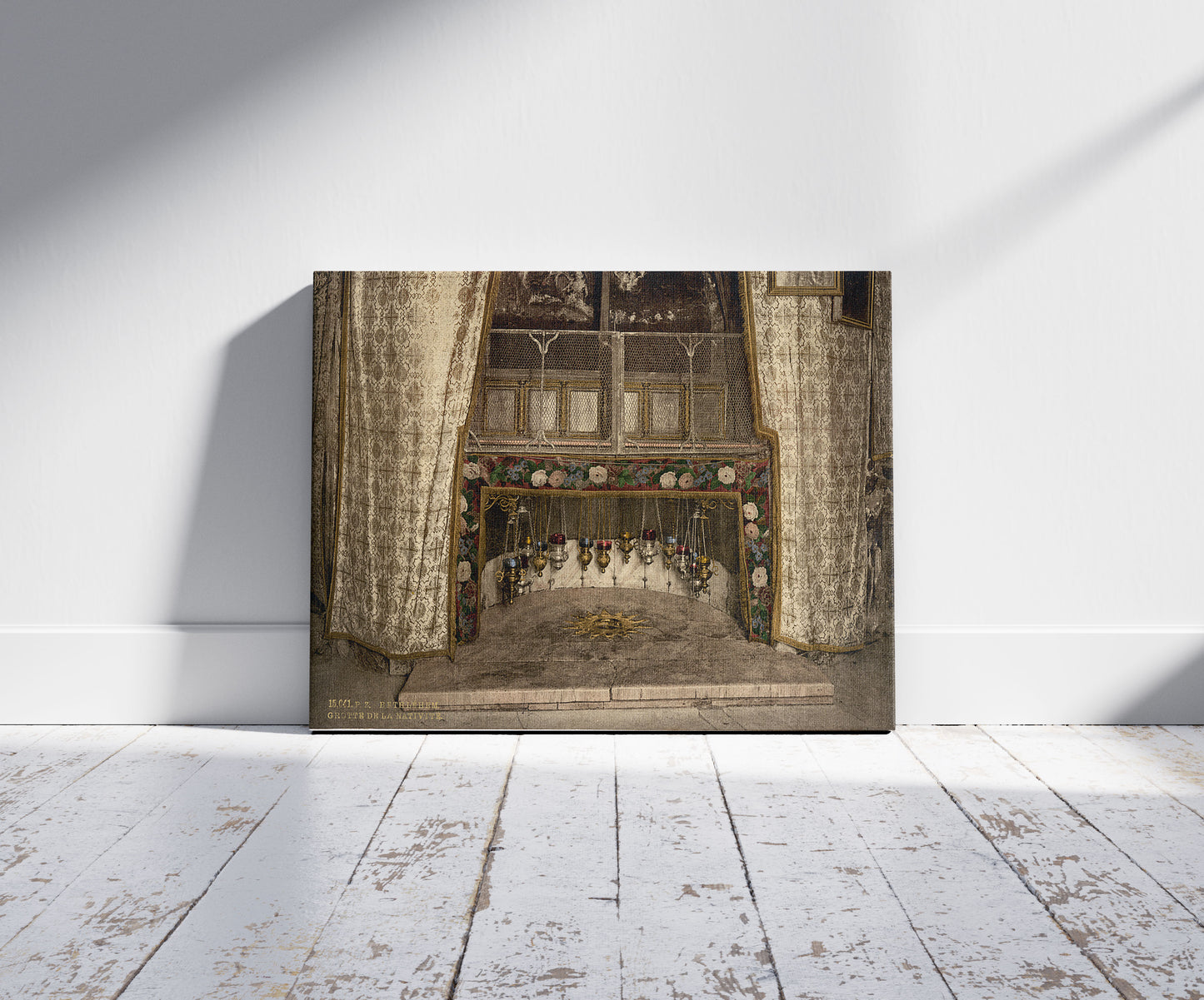 A picture of Grotto of the Nativity, Bethlehem, Holy Land, (i.e., West Bank), a mockup of the print leaning against a wall