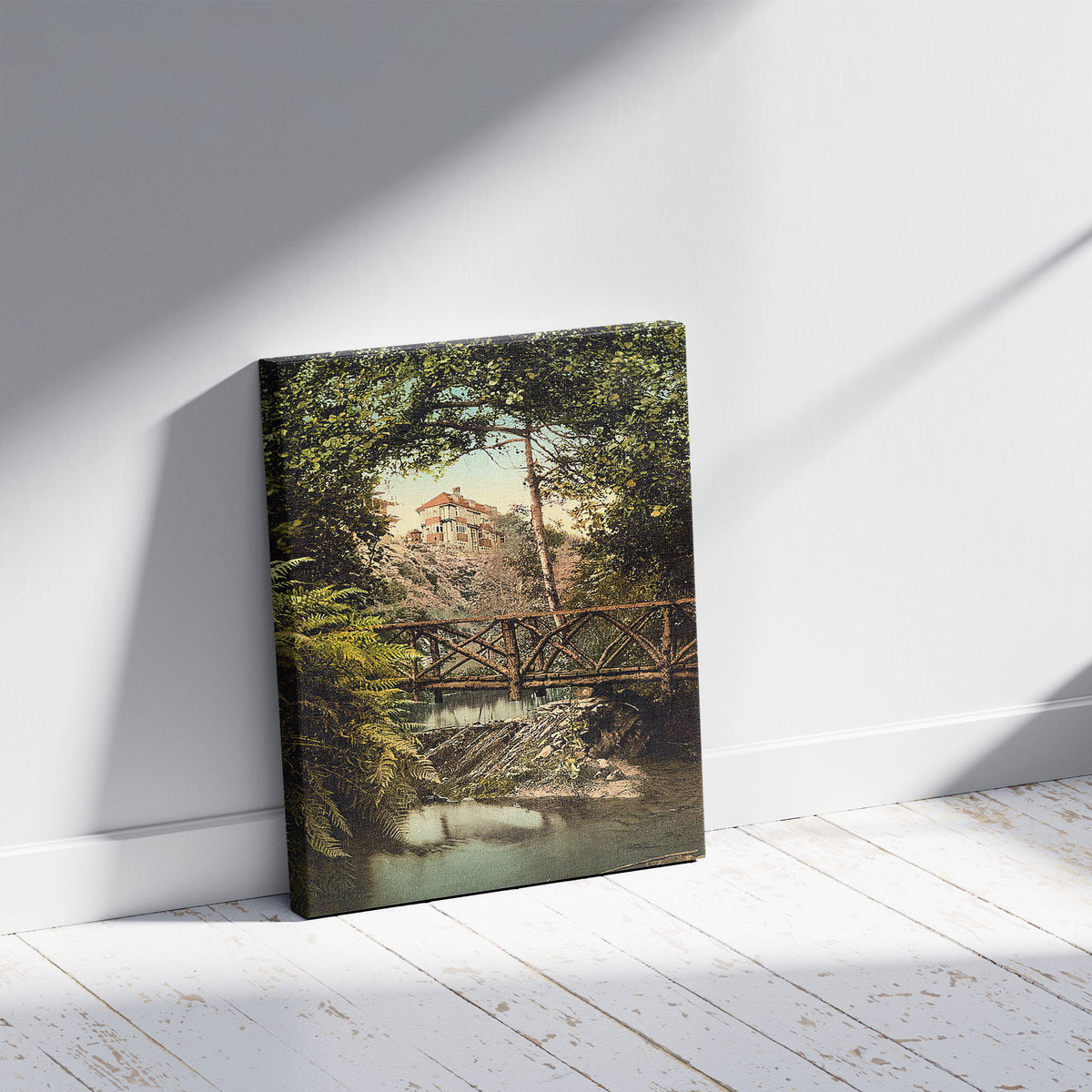 A picture of Groudle Glen and Hotel, Isle of Man, a mockup of the print leaning against a wall