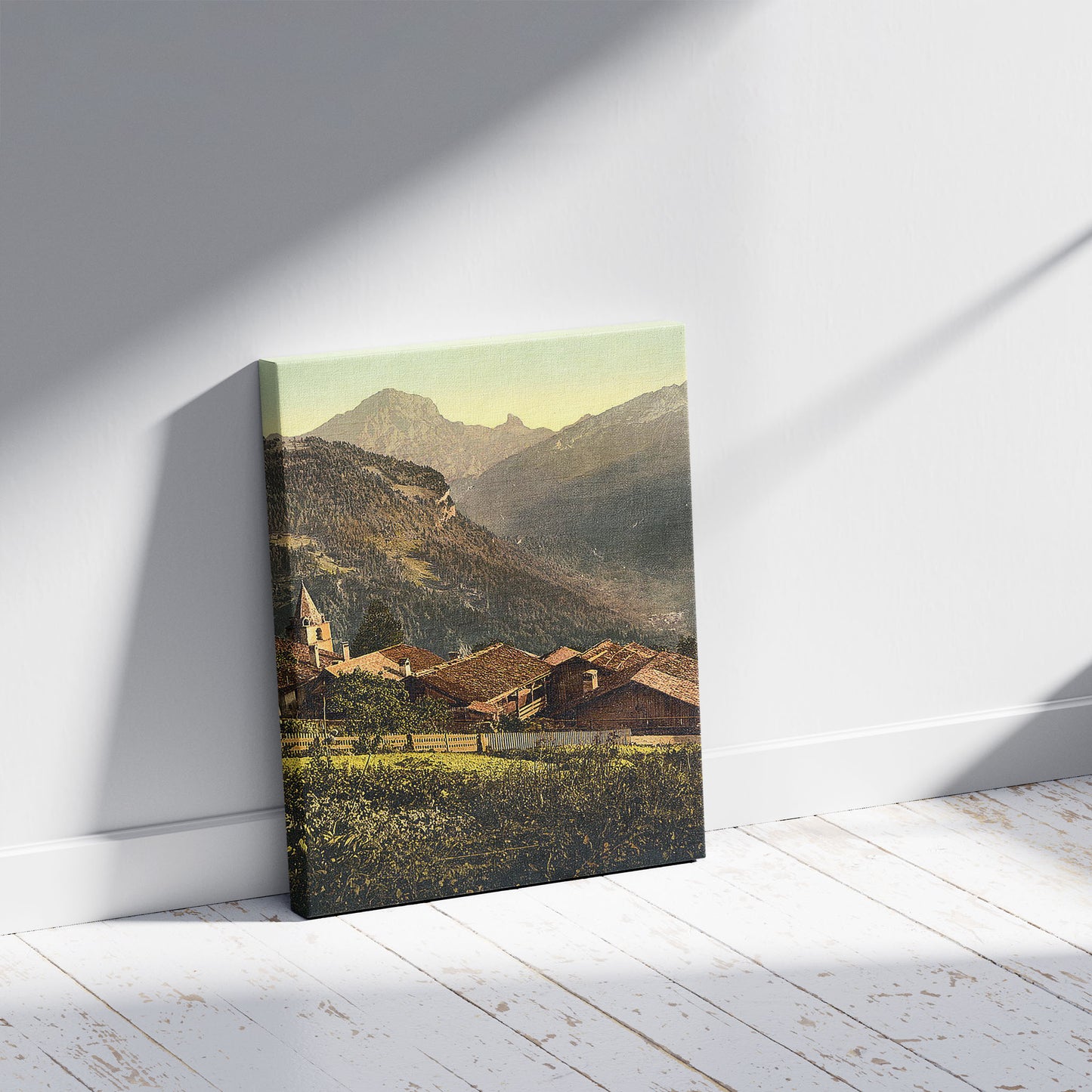 A picture of Gryon, with the Grand Muveran, Vaud, Canton of, Switzerland, a mockup of the print leaning against a wall