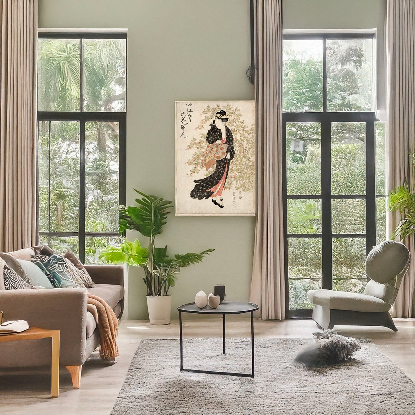 A picture of Hagi, a mockup of the print leaning against a wall