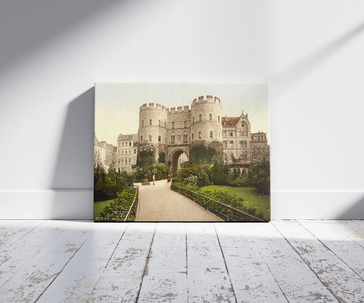A picture of Hahnenthor, Cologne, the Rhine, Germany, a mockup of the print leaning against a wall