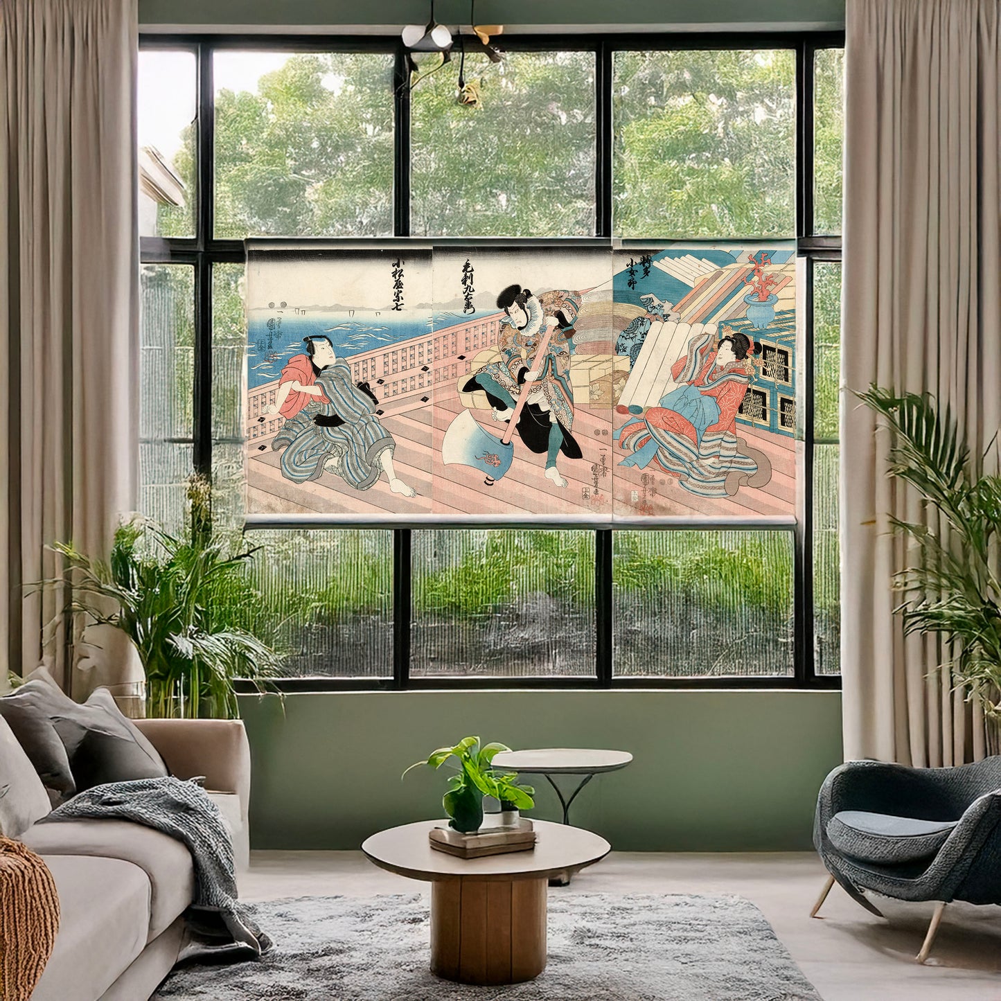 A picture of Hakata kojorō kezori kuemon komatsuya sōshichi, a mockup of the print leaning against a wall