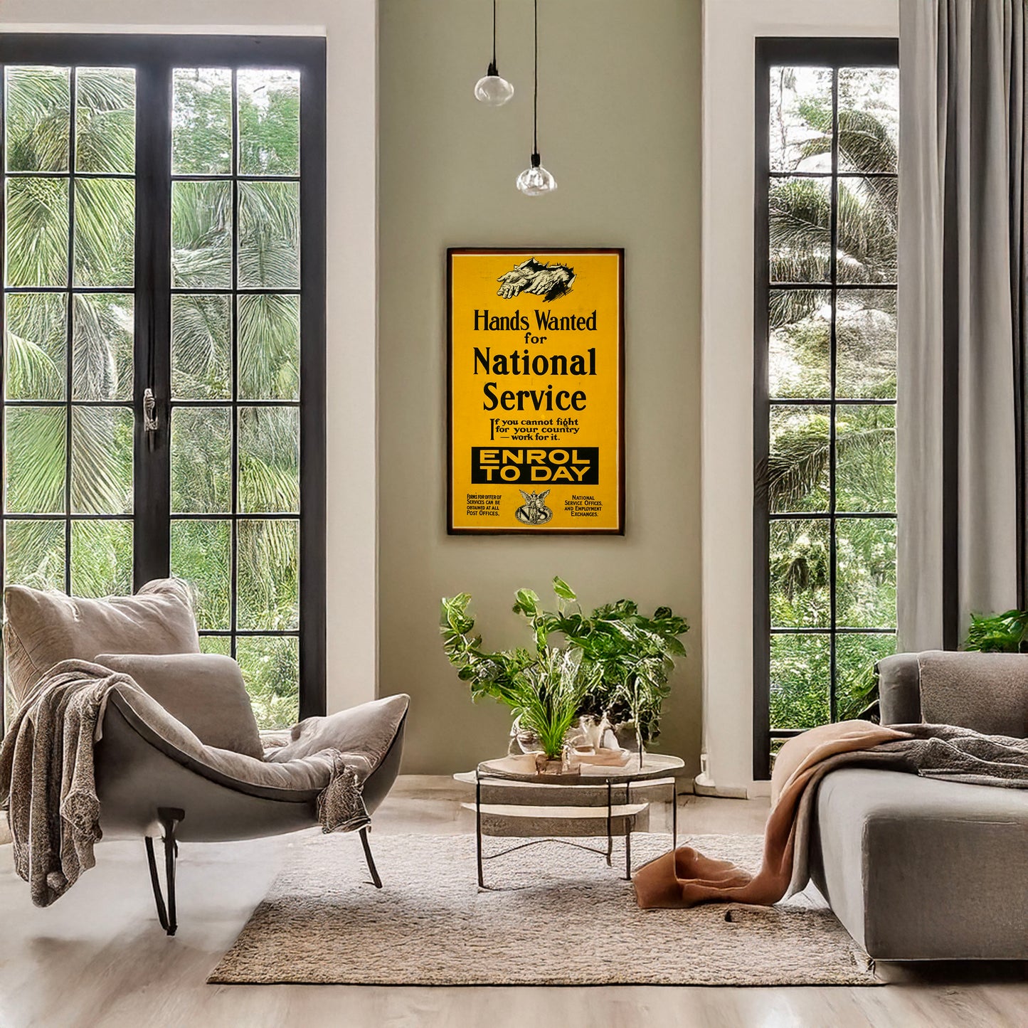 A picture of Hands wanted for national service. If you cannot fight for your country - work for it. Enrol to day., a mockup of the print leaning against a wall