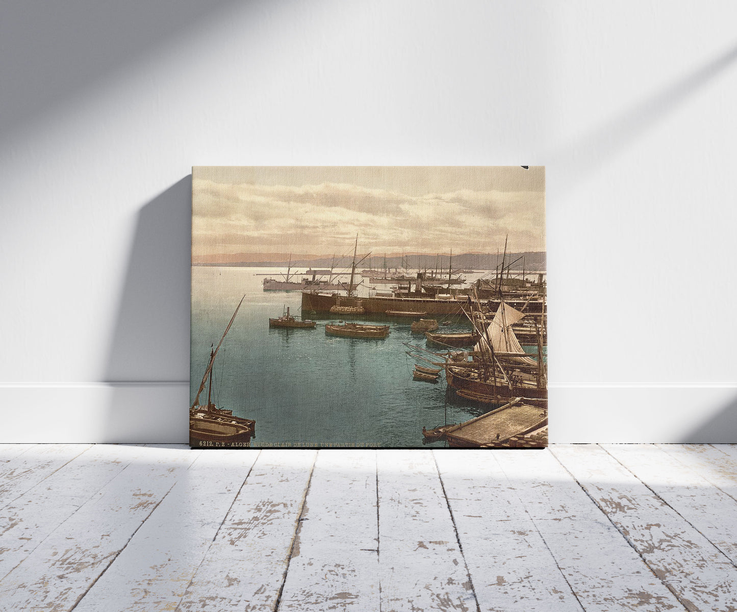 A picture of Harbor by moonlight, I, Algiers, Algeria, a mockup of the print leaning against a wall