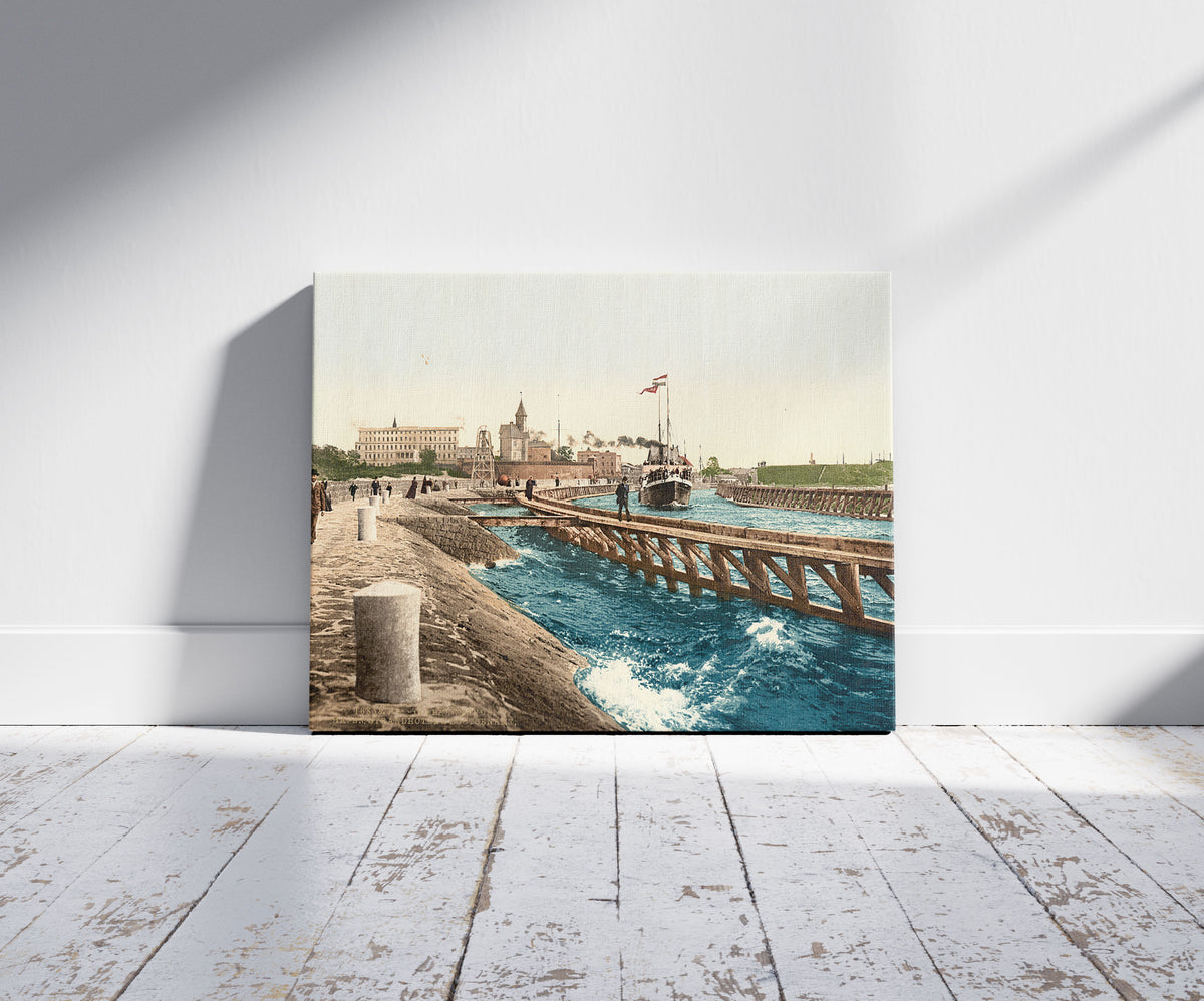 A picture of Harbor, hotel and pilot station, Colberg, Pomerania, Germany (i.e, Kołobrzeg, Poland), a mockup of the print leaning against a wall