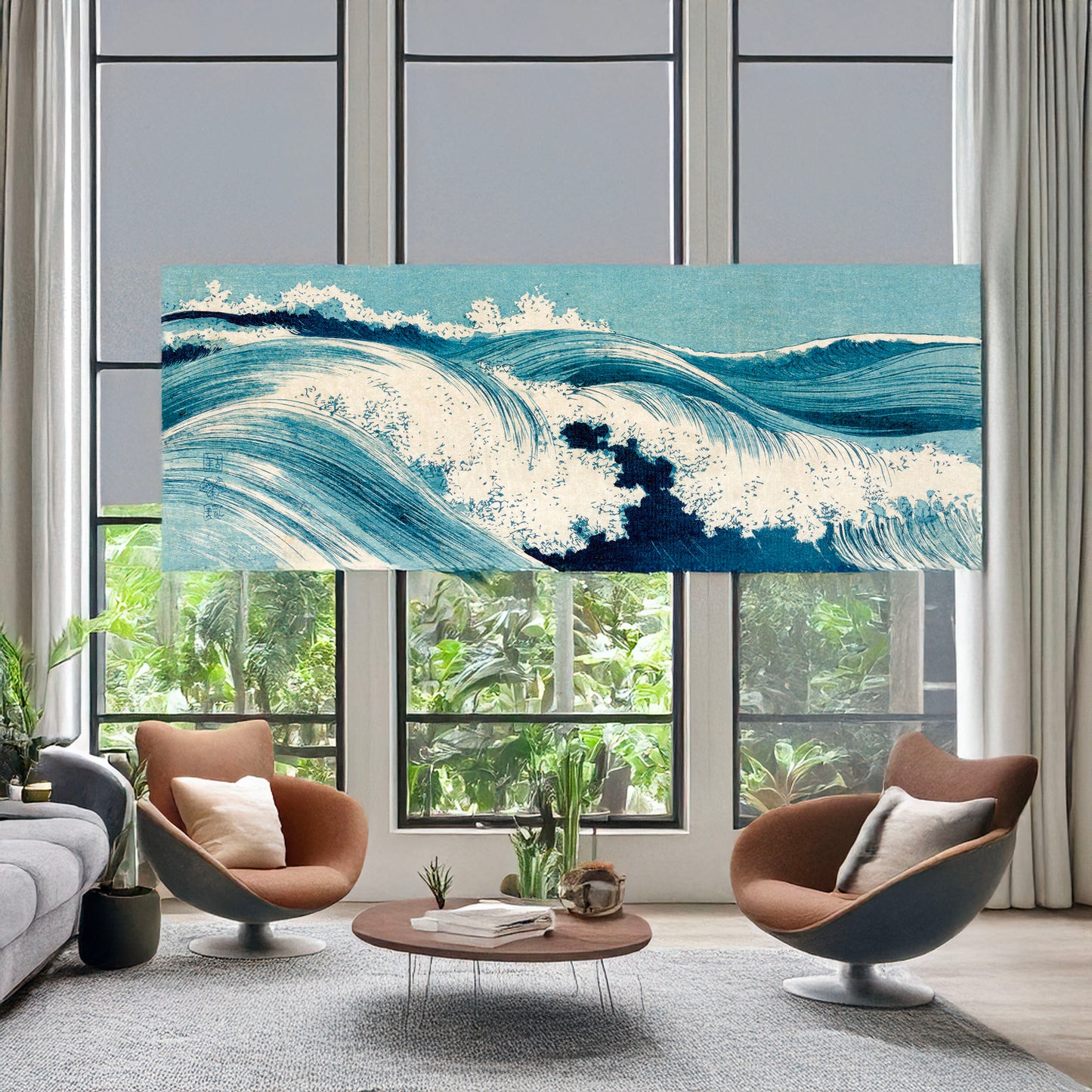 A picture of Hatō zu, a mockup of the print leaning against a wall