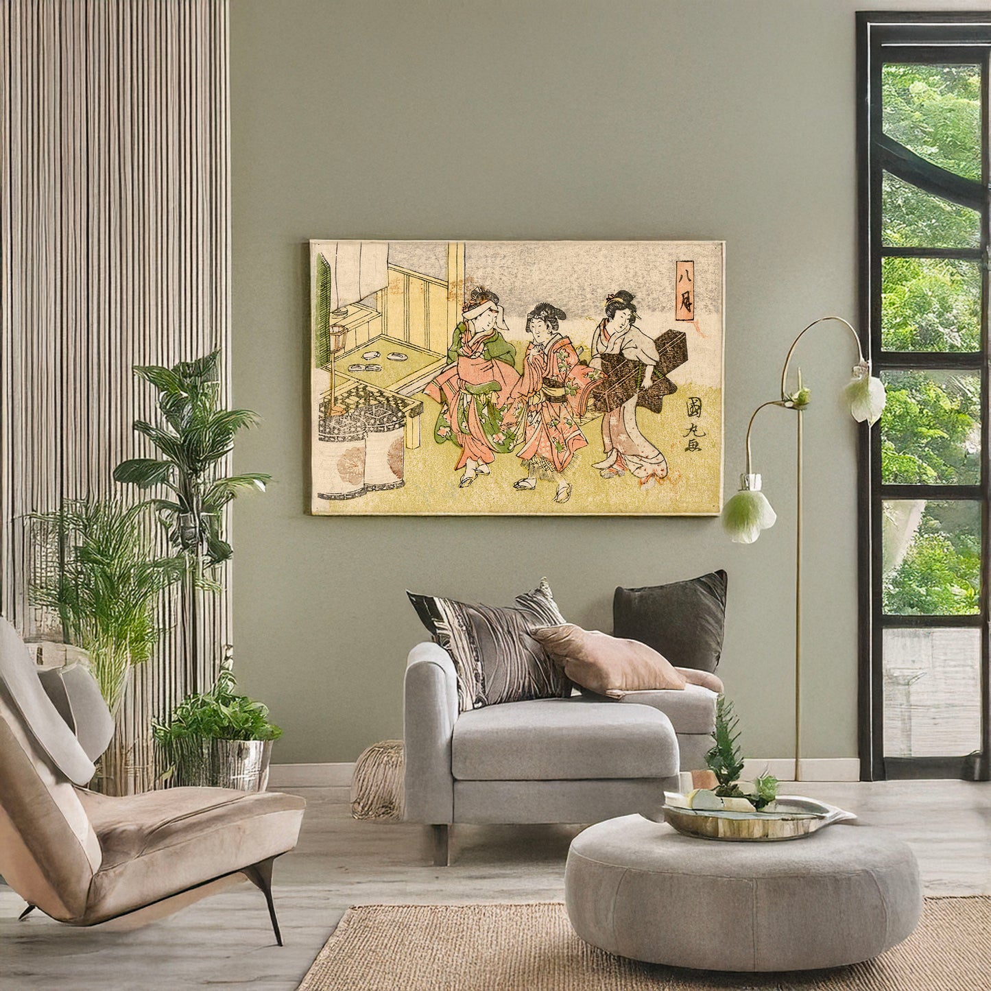 A picture of Hazuki, a mockup of the print leaning against a wall
