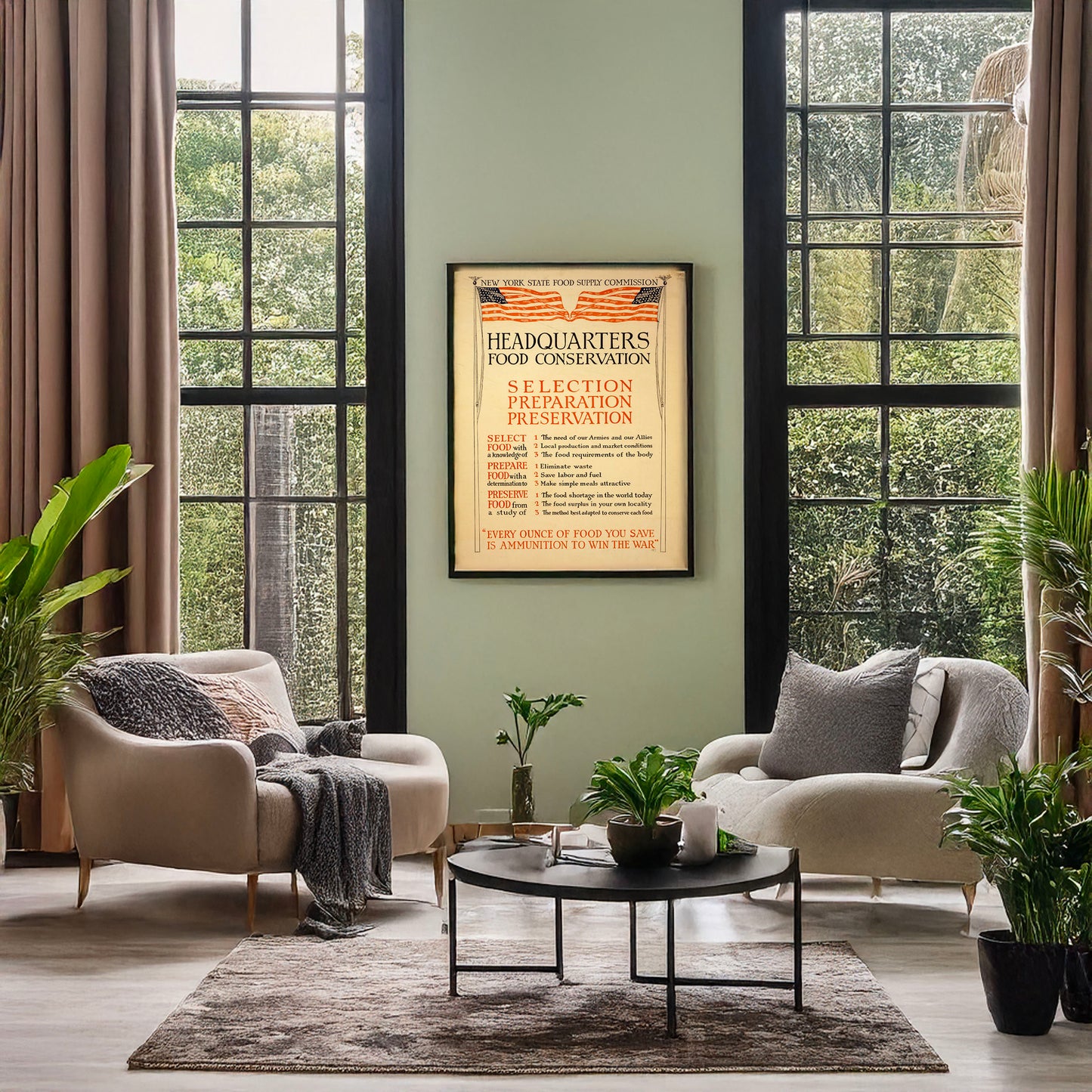 A picture of Headquarters food conservation Selection, preparation, preservation., a mockup of the print leaning against a wall