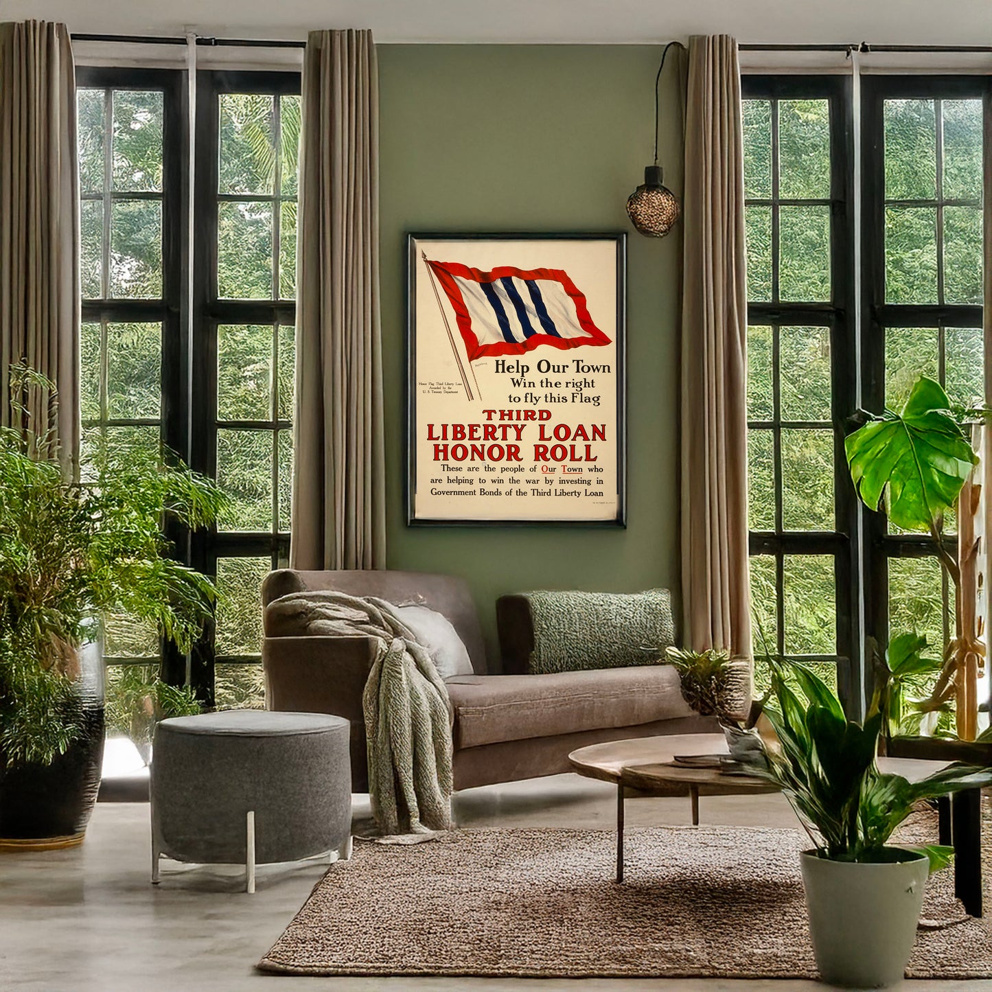 A picture of Help our town win the right to fly this flag--Third Liberty Loan honor roll, a mockup of the print leaning against a wall