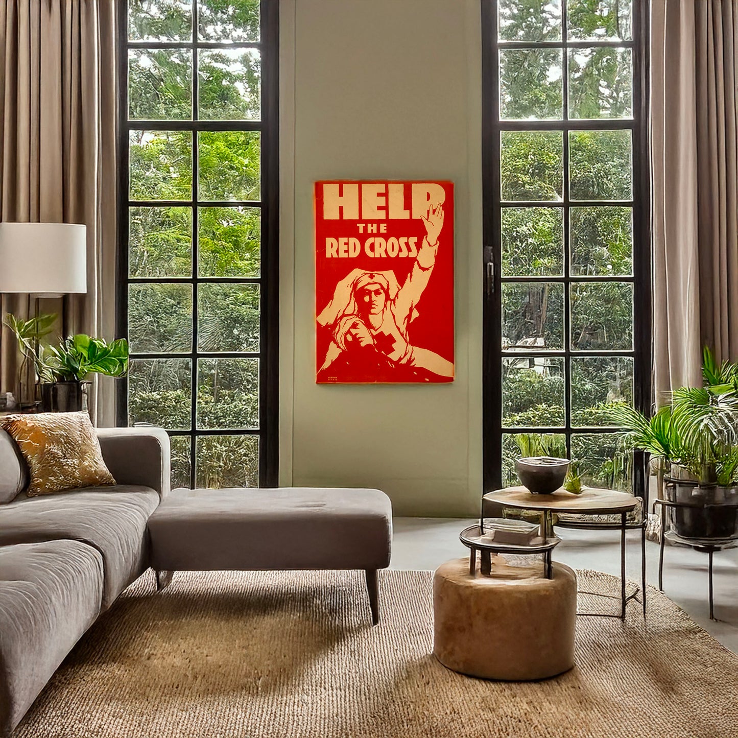 A picture of Help the Red Cross, a mockup of the print leaning against a wall