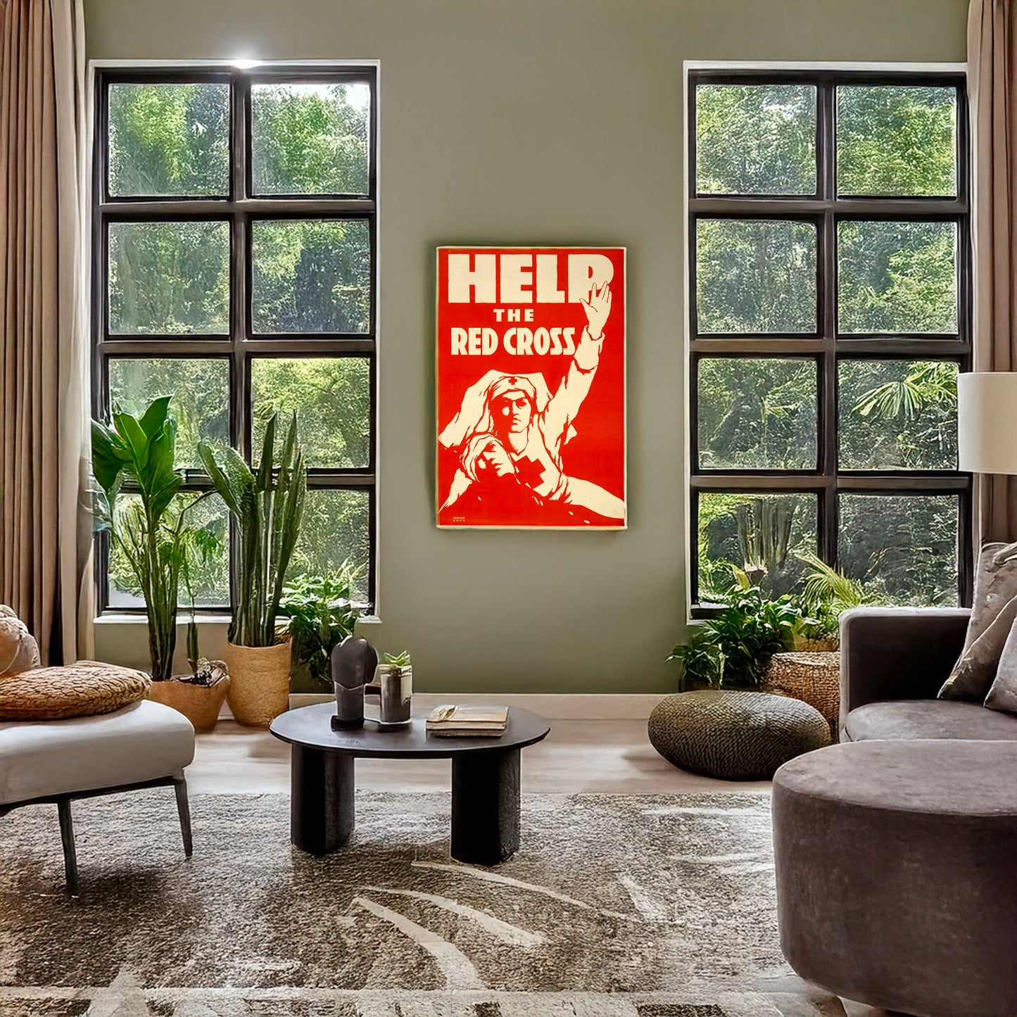 A picture of Help the Red Cross, a mockup of the print leaning against a wall