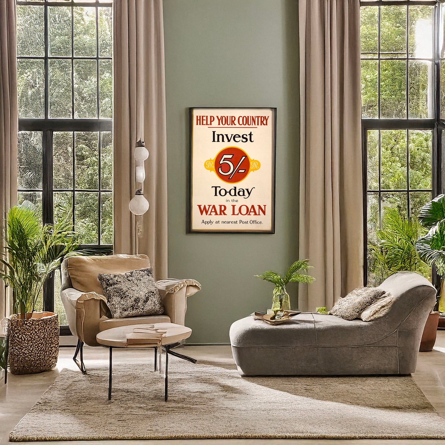 A picture of Help your country. Invest five shillings to-day in the war loan, a mockup of the print leaning against a wall