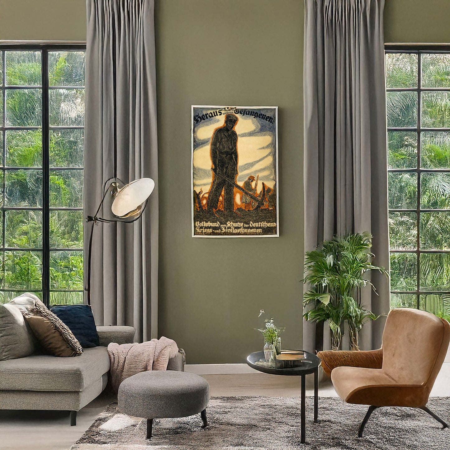 A picture of Heraus mit unseren Gefangenen! Volksbund zum Schutze der deutschen Kriegs- und Zivil-gefangenen, a mockup of the print leaning against a wall