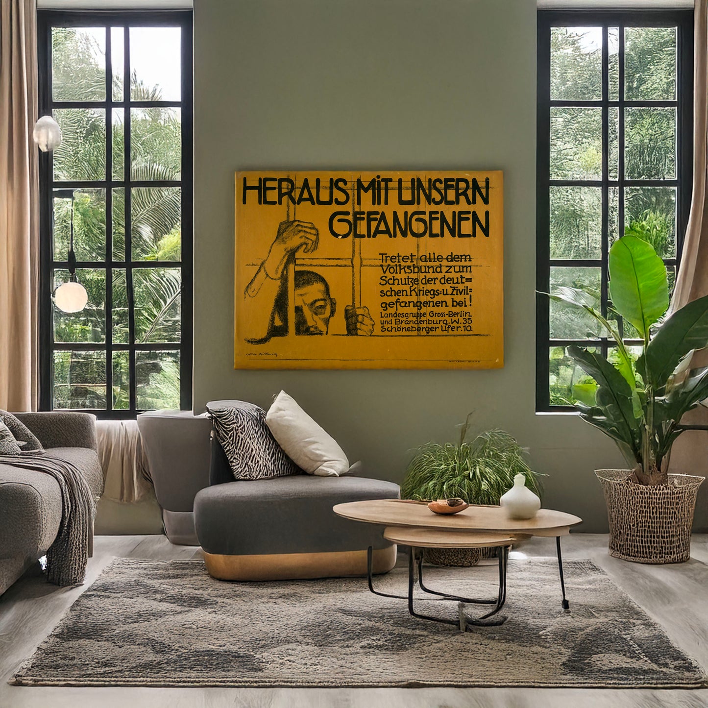 A picture of Heraus mit unsern Gefangenen! Tretet alle dem Volksbund zum Schutze der deutschen Kriegs- u. Zivilgefangenen bei!, a mockup of the print leaning against a wall