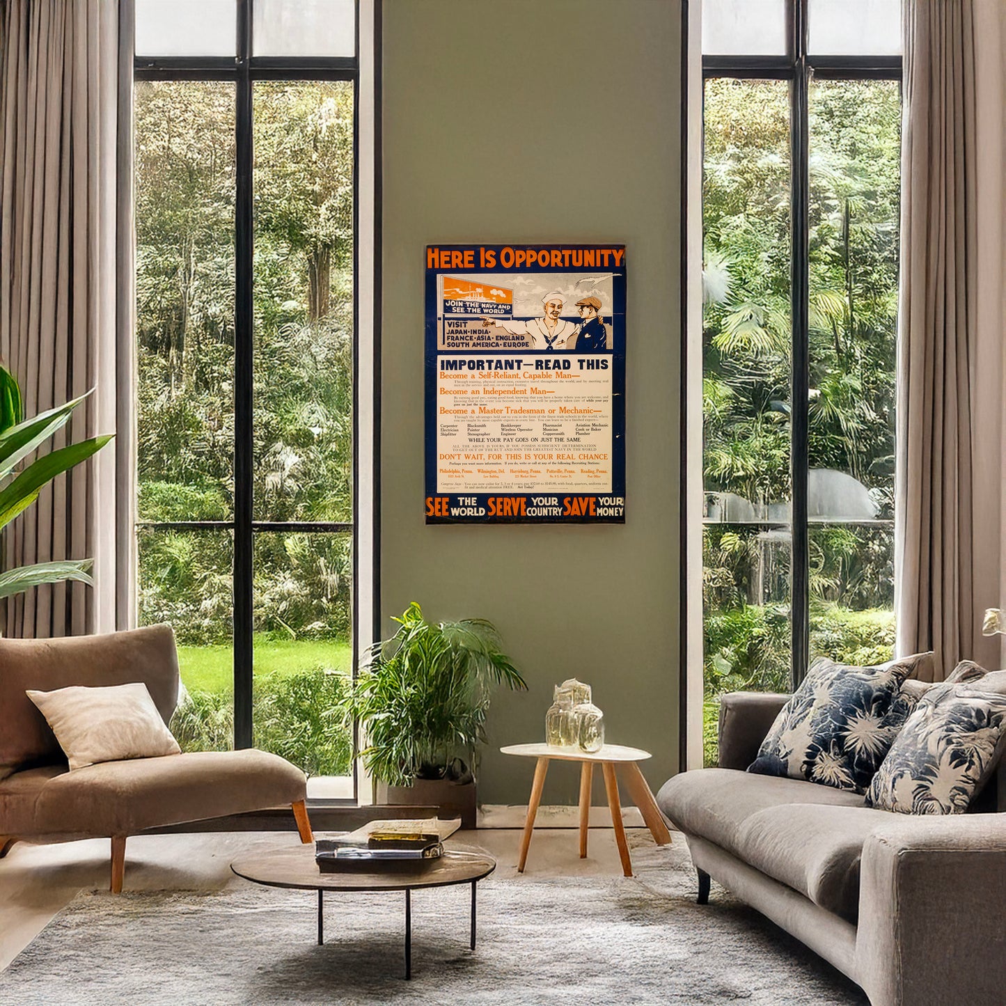 A picture of Here is opportunity See the world, serve your country, save your money., a mockup of the print leaning against a wall