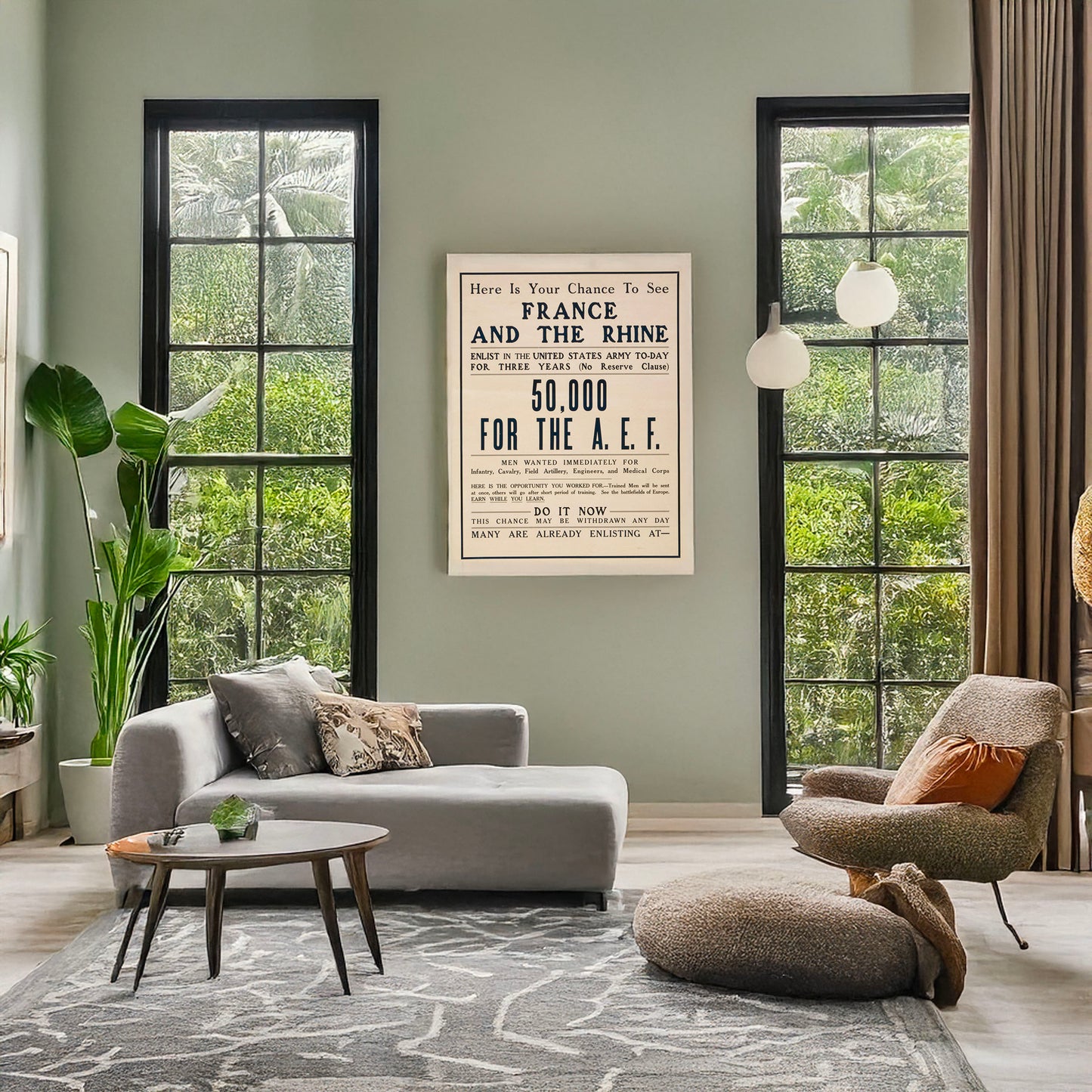 A picture of Here is your chance to see France and the Rhine Enlist in the United States Army to-day ... 50,000 for the A.E.F., a mockup of the print leaning against a wall
