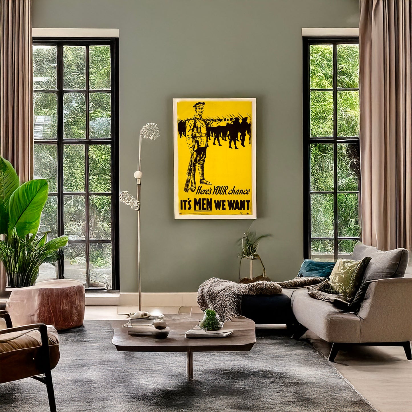 A picture of Here's your chance. It's men we want, a mockup of the print leaning against a wall