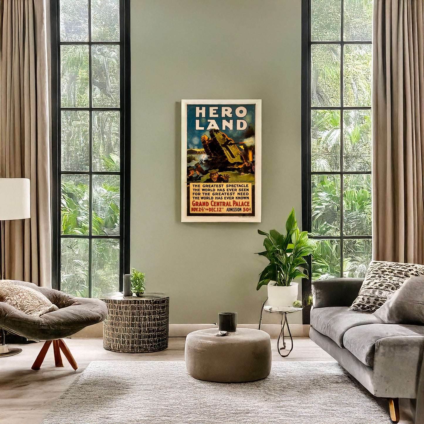 A picture of Hero land The greatest spectacle the world has ever seen for the greatest need the world has ever known /, a mockup of the print leaning against a wall