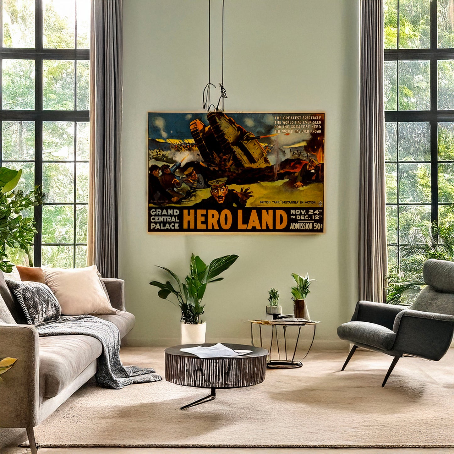 A picture of Hero land The greatest spectacle the world has ever seen for the greatest need the world has ever known /, a mockup of the print leaning against a wall