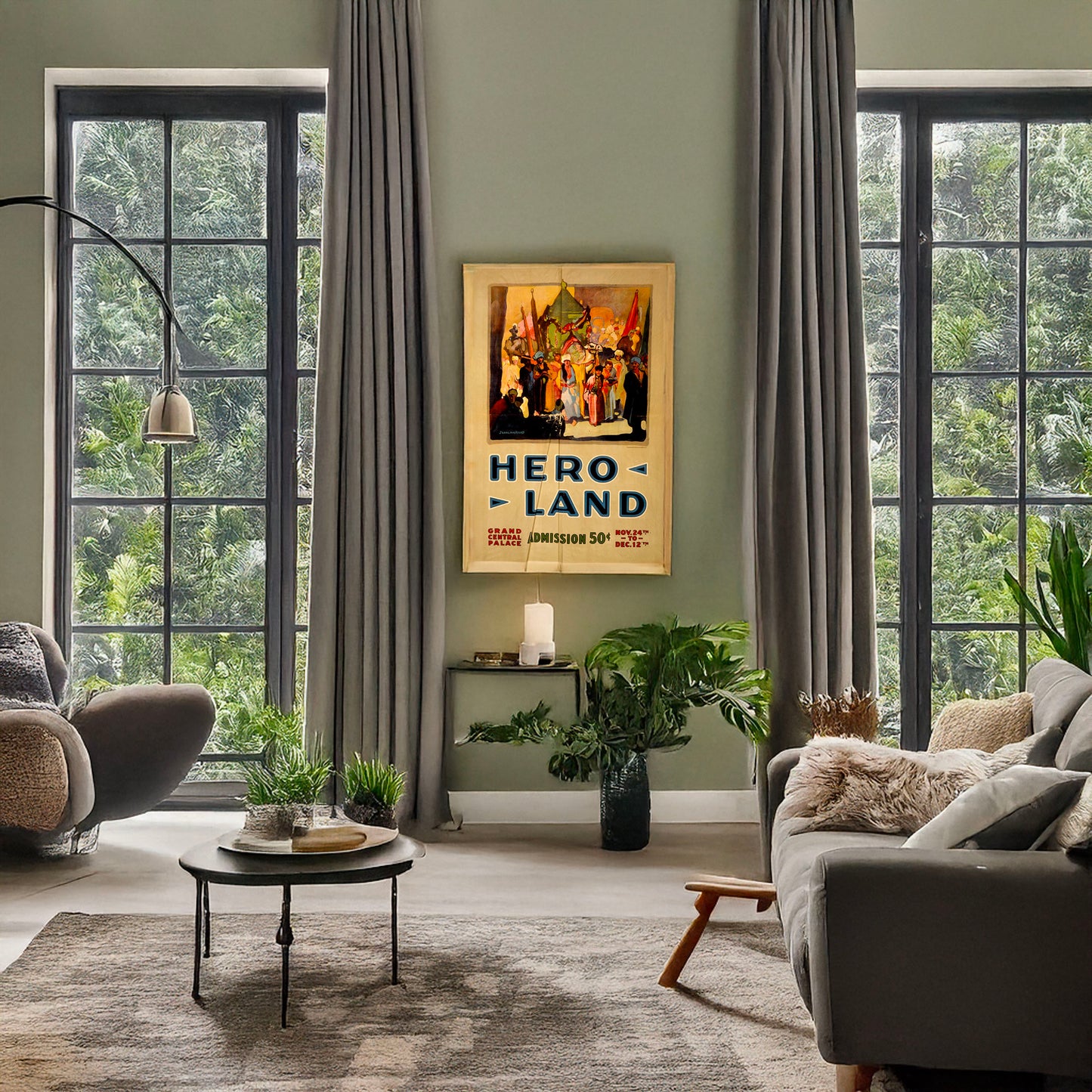 A picture of Hero land, a mockup of the print leaning against a wall