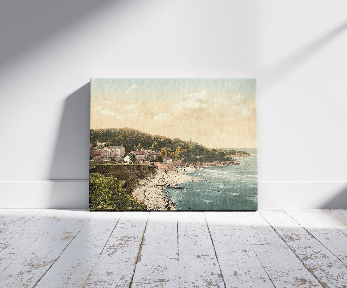 A picture of Heysham Village, Morecambe, England, a mockup of the print leaning against a wall