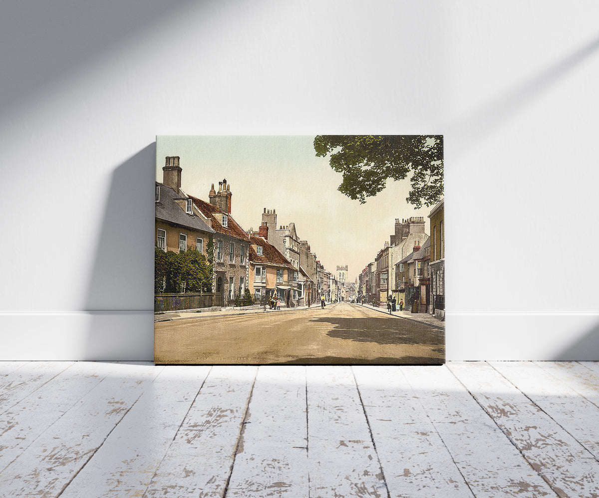 A picture of High Street West, Dorchester, England, a mockup of the print leaning against a wall