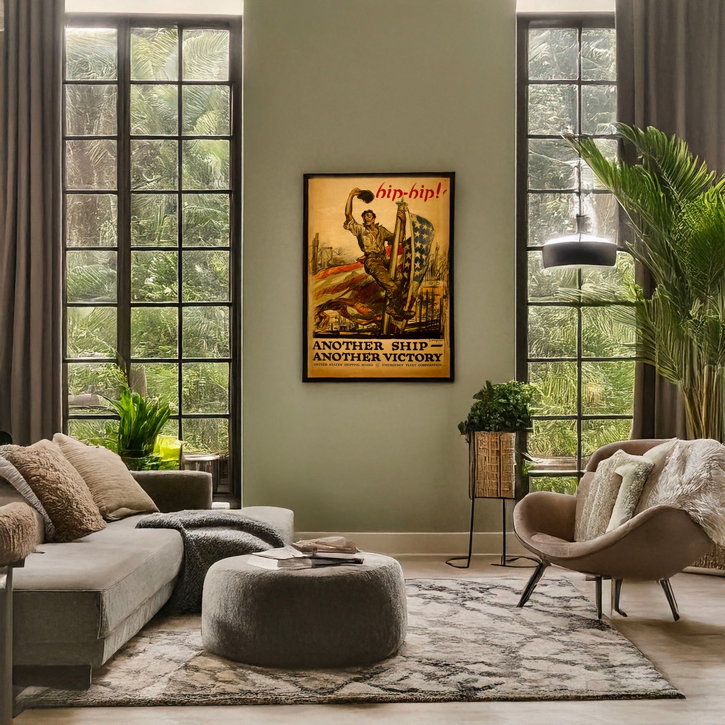 A picture of Hip-hip! Another ship - another victory United States Shipping Board, Emergency Fleet Corporation /, a mockup of the print leaning against a wall