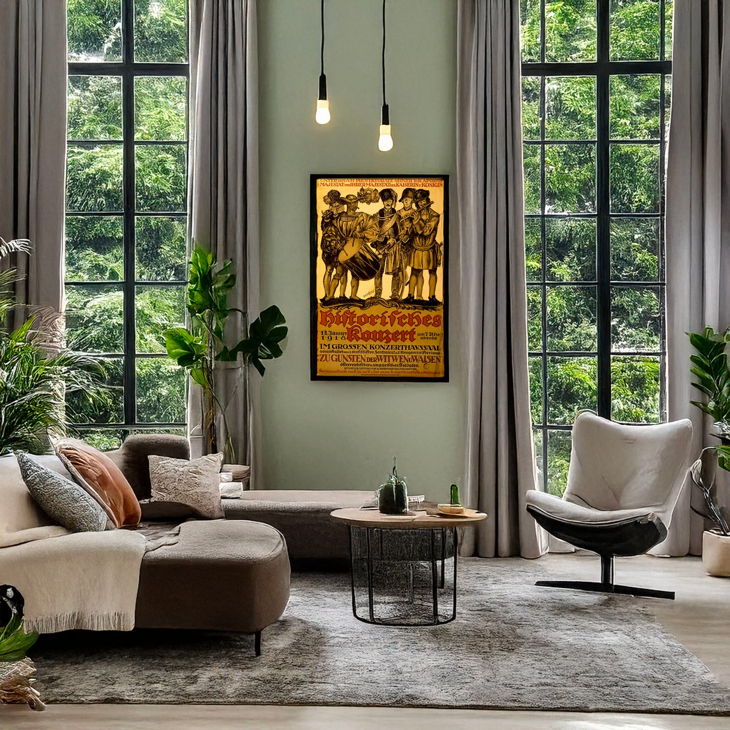 A picture of Historisches Konzert ... zu gunsten der Witwen u. Waisen ..., a mockup of the print leaning against a wall