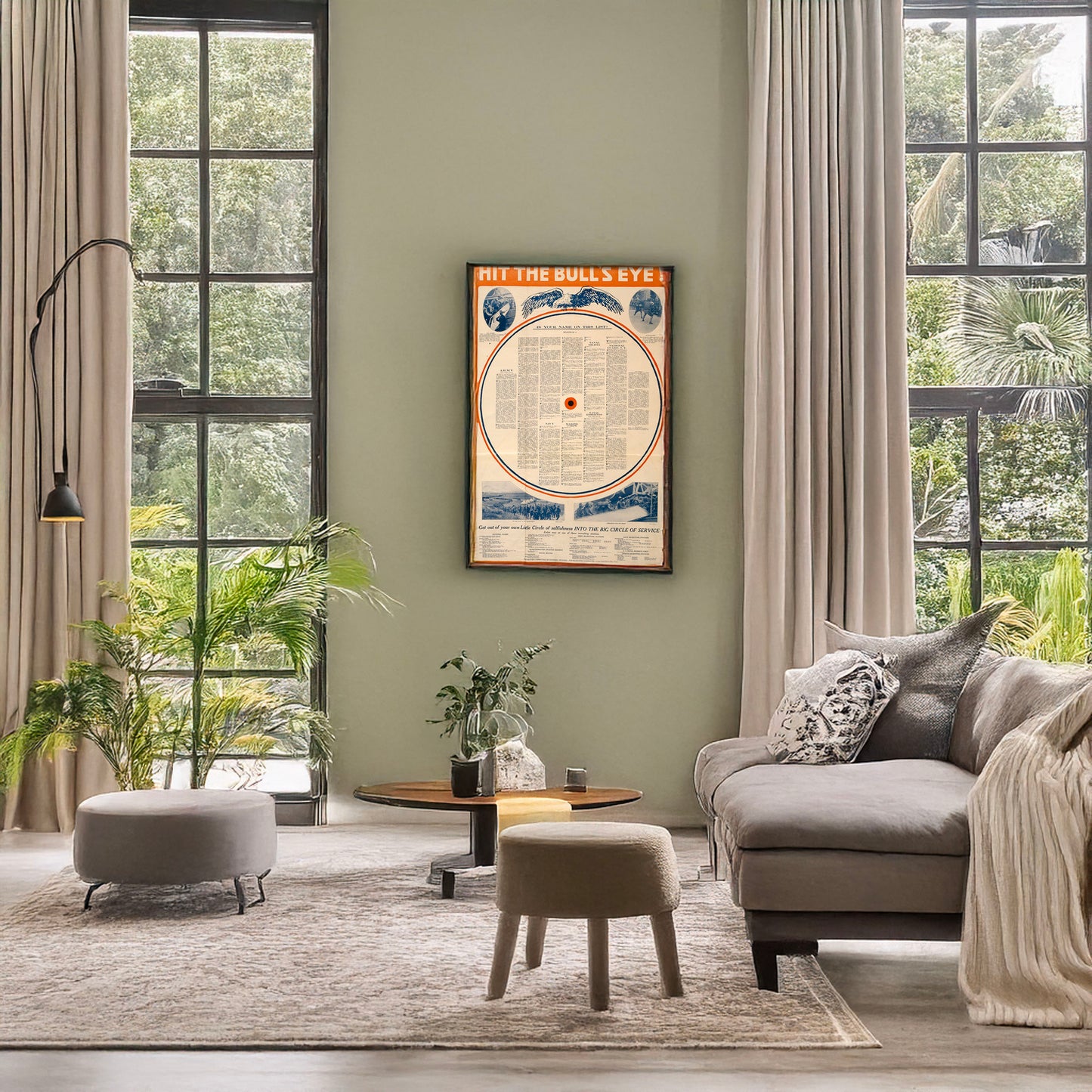 A picture of Hit the bull's eye!--Is your name on this list? Get out of your own little circle of selfishness into the big circle of service., a mockup of the print leaning against a wall