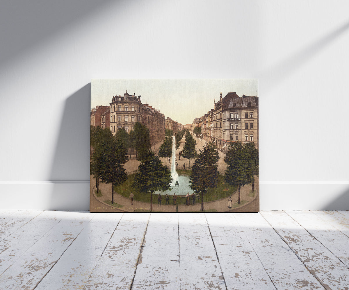 A picture of Hohenstaufenring, Cologne, the Rhine, Germany, a mockup of the print leaning against a wall