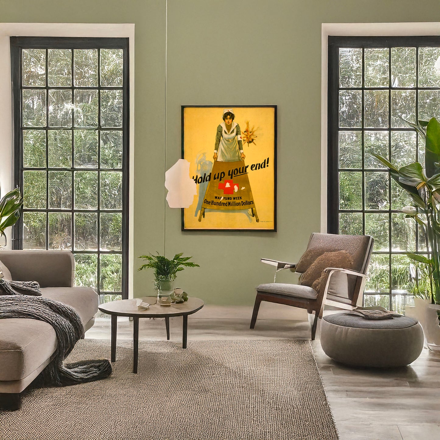 A picture of Hold up your end! War fund week - one hundred million dollars, a mockup of the print leaning against a wall