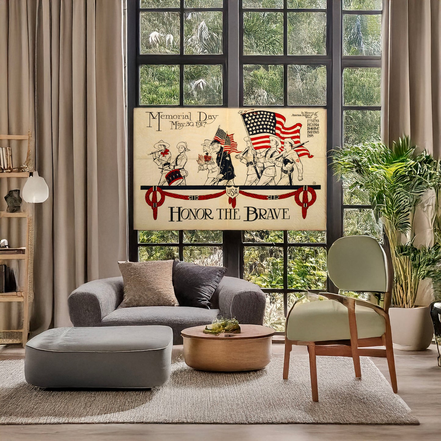 A picture of Honor the brave, Memorial Day, May 30, 1917, a mockup of the print leaning against a wall