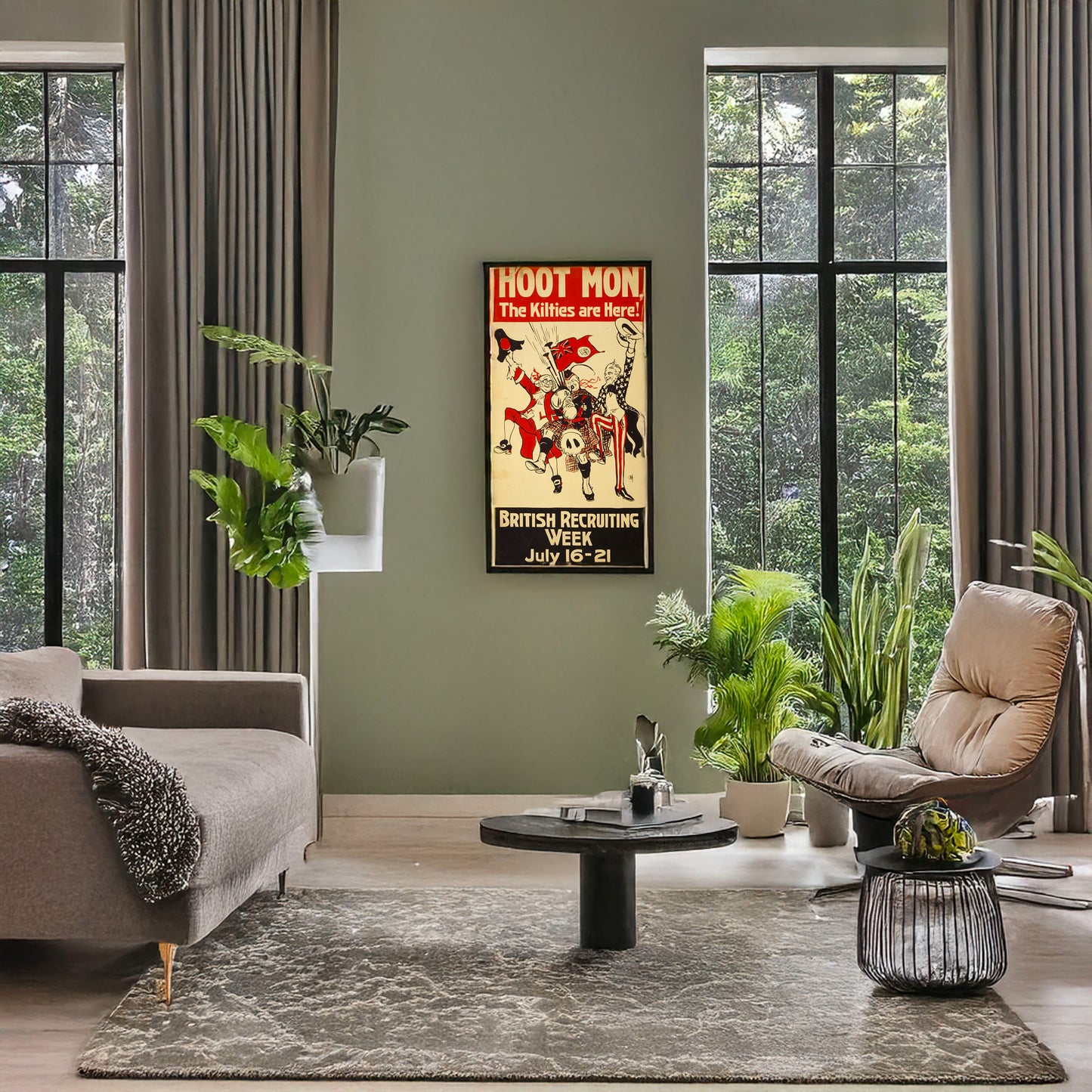 A picture of Hoot mon, the Kilties are here! British recruiting week July 16-21., a mockup of the print leaning against a wall