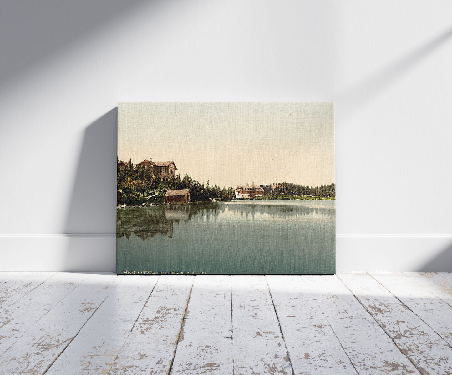 A picture of Hotel and Csorber (i.e., Csorba) See, Tatra, Austro-Hungary, a mockup of the print leaning against a wall