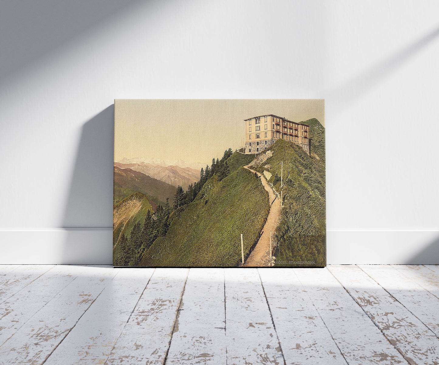 A picture of Hotel Stanserhorn, Unterwald, Switzerland, a mockup of the print leaning against a wall