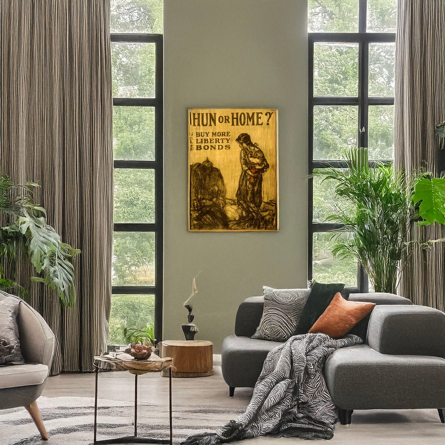 A picture of Hun or home? Buy more Liberty Bonds, a mockup of the print leaning against a wall